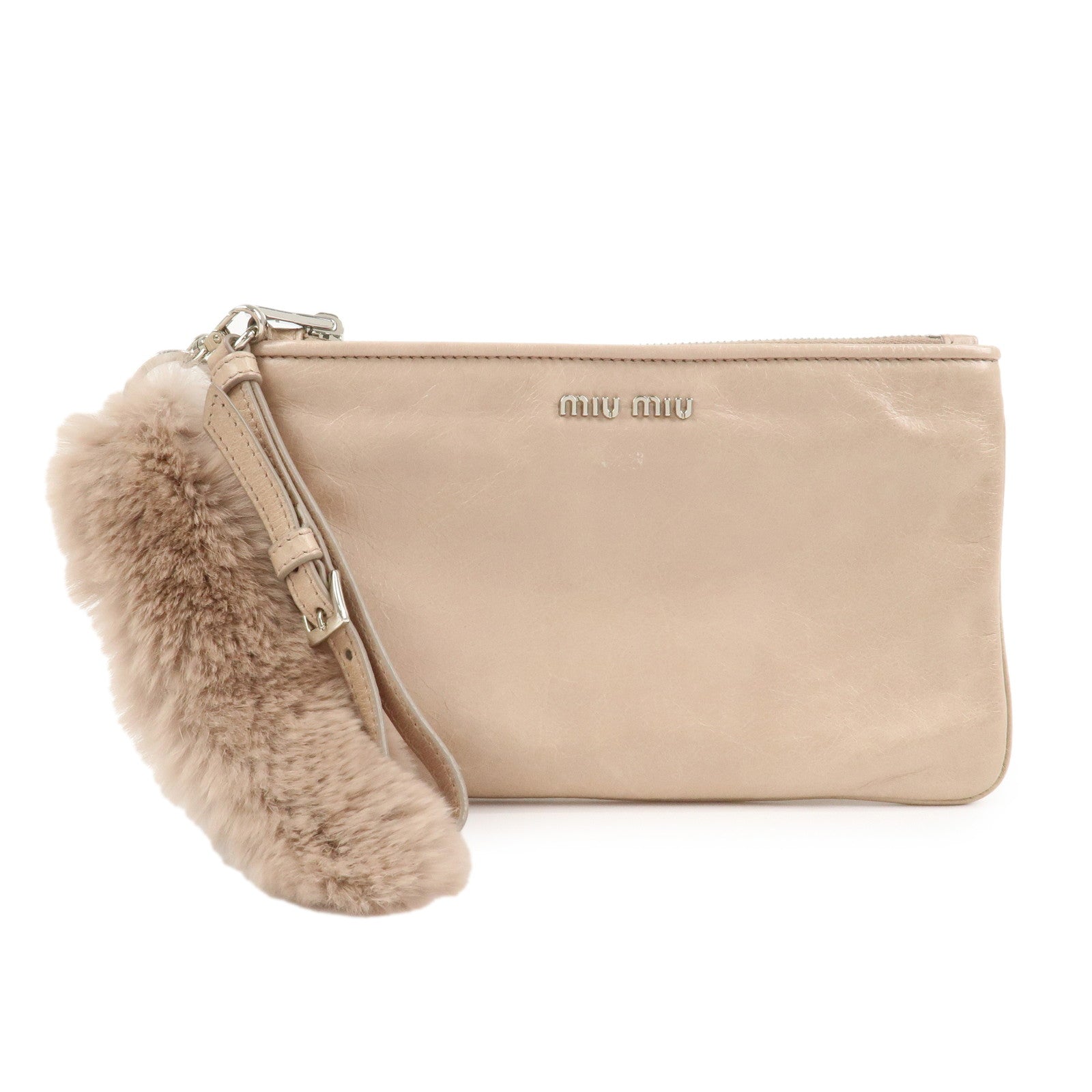 MIU MIU Leather Fur Clutch Bag Pouch Pink Beige 5NH811