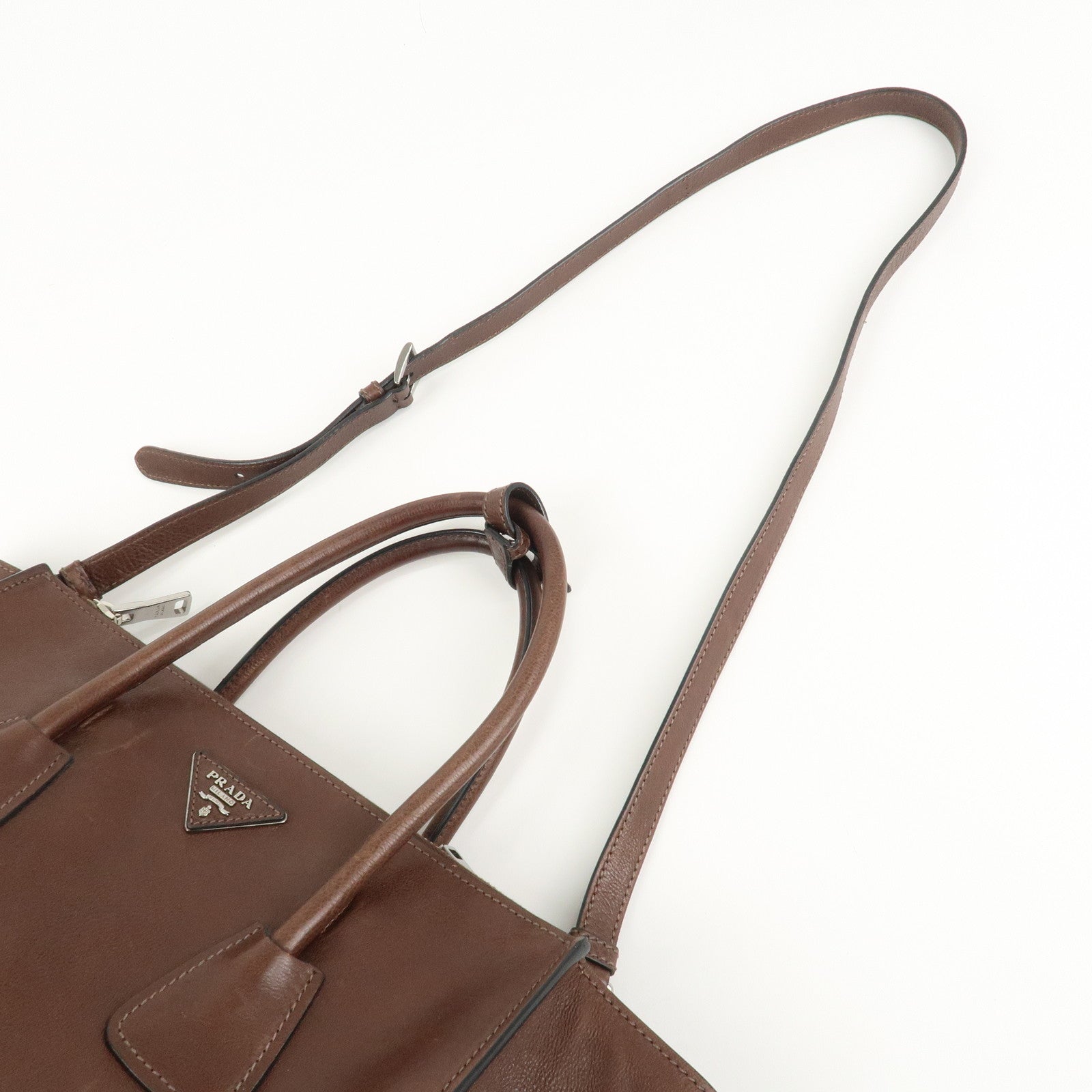 PRADA Triangle Logo Leather 2way Hand Bag Shoulder Bag Brown BN2619 Used