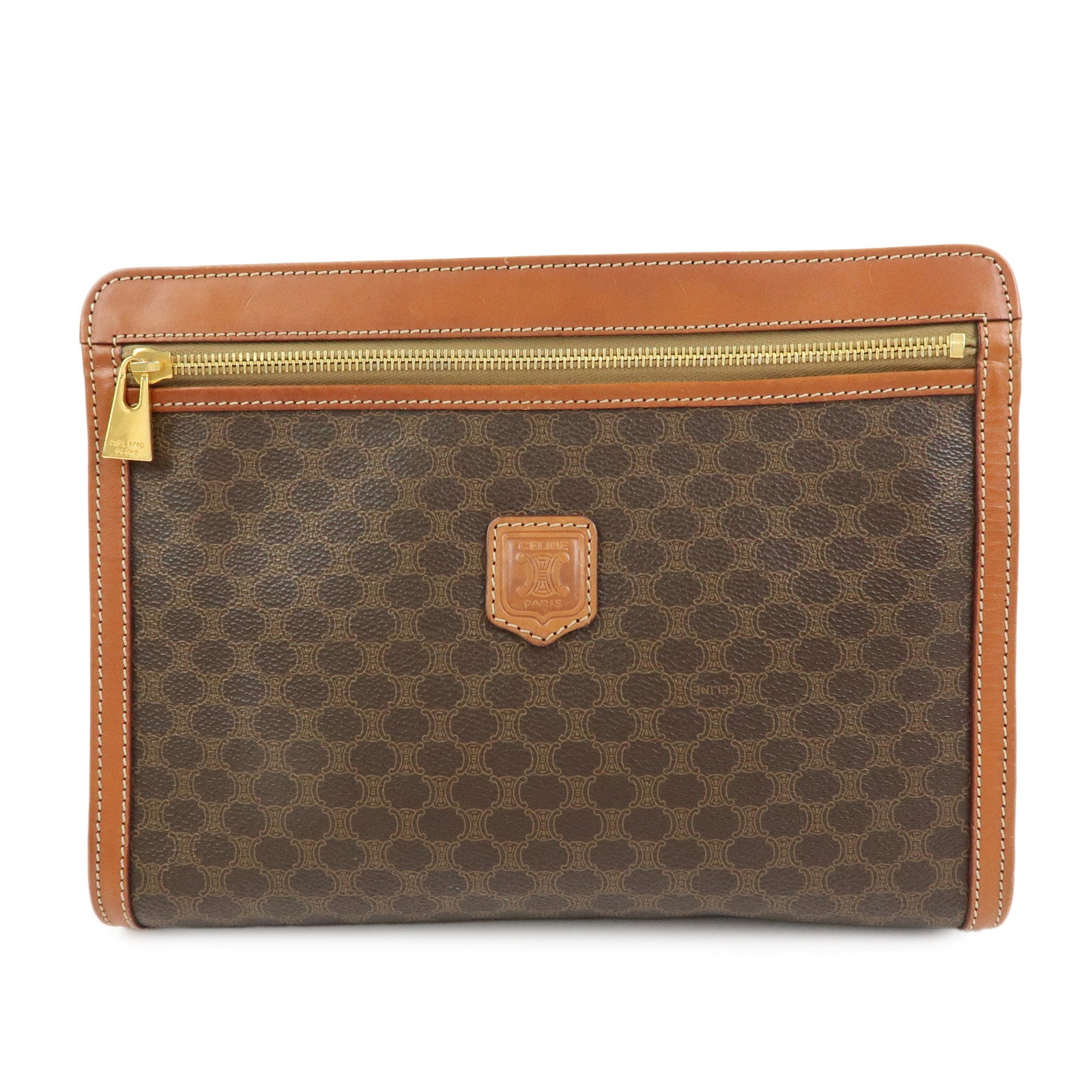 CELINE Logo Macadam PVC Leather Clutch Bag Flat Pouch Brown