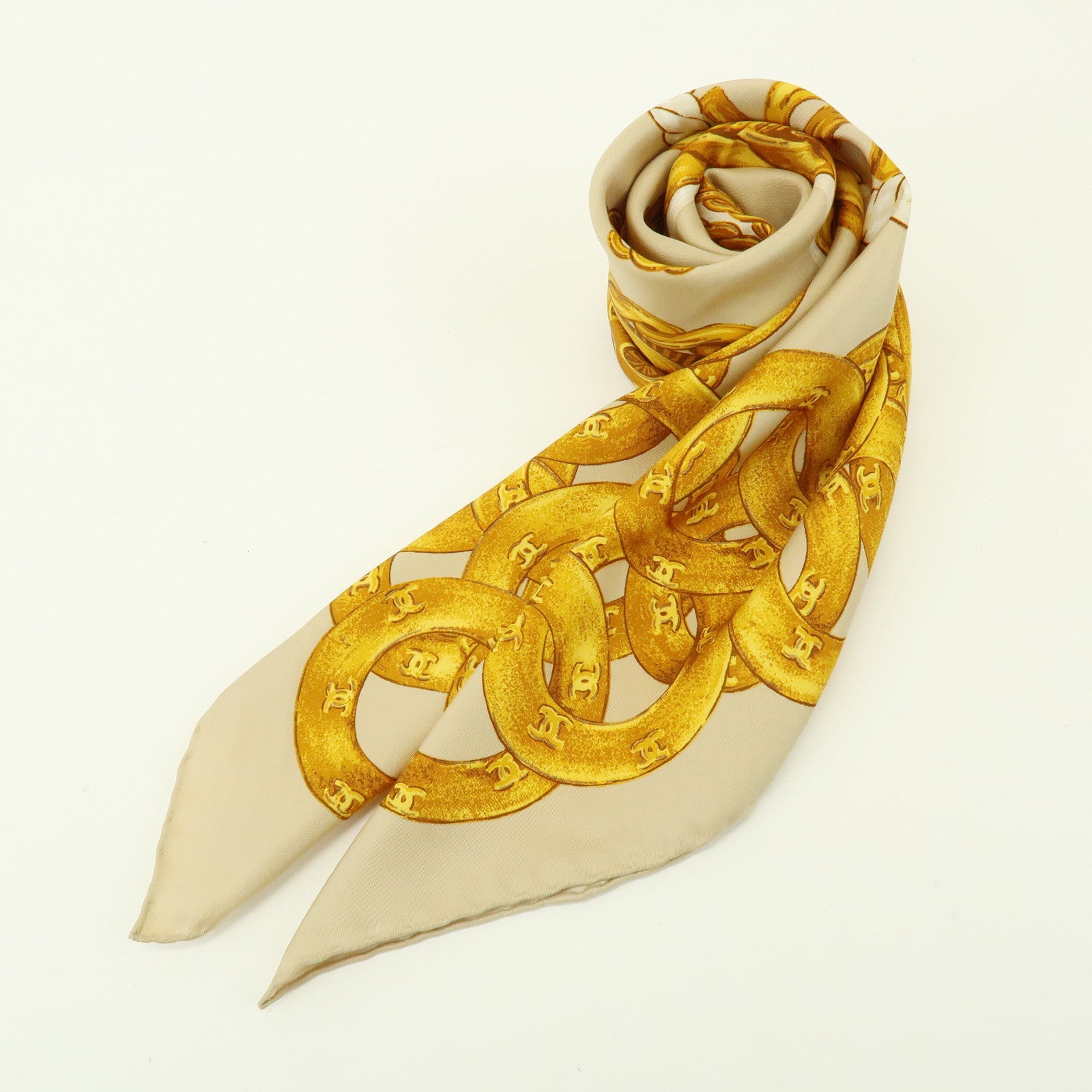 CHANEL COCO Mark Silk 100% Scarf Chain Pattern Yellow Beige