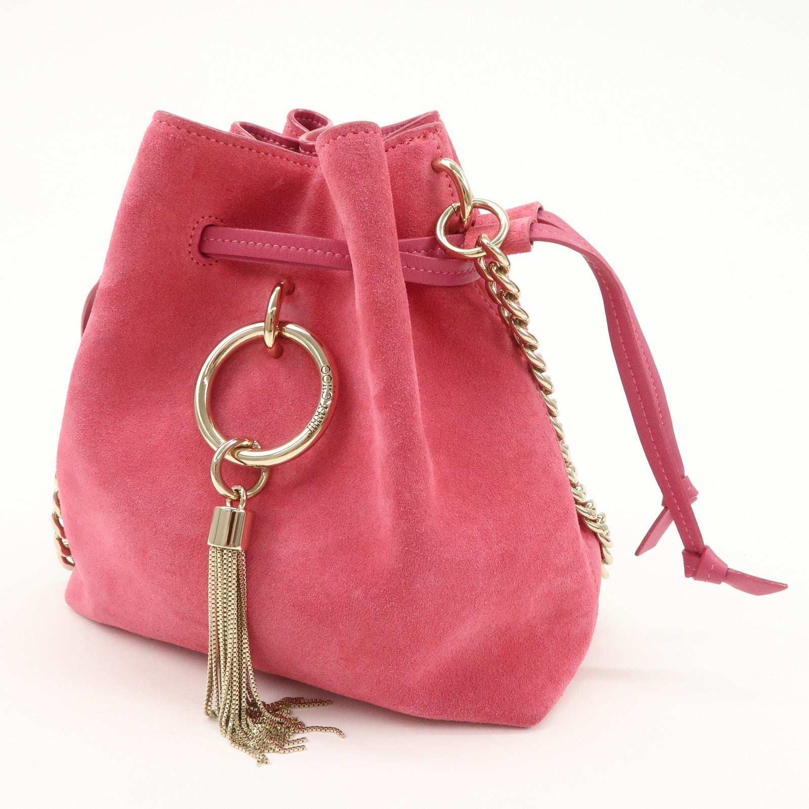 JIMMY CHOO Callie Drawstrings S Suede Chain Shoulder Bag Pink Used