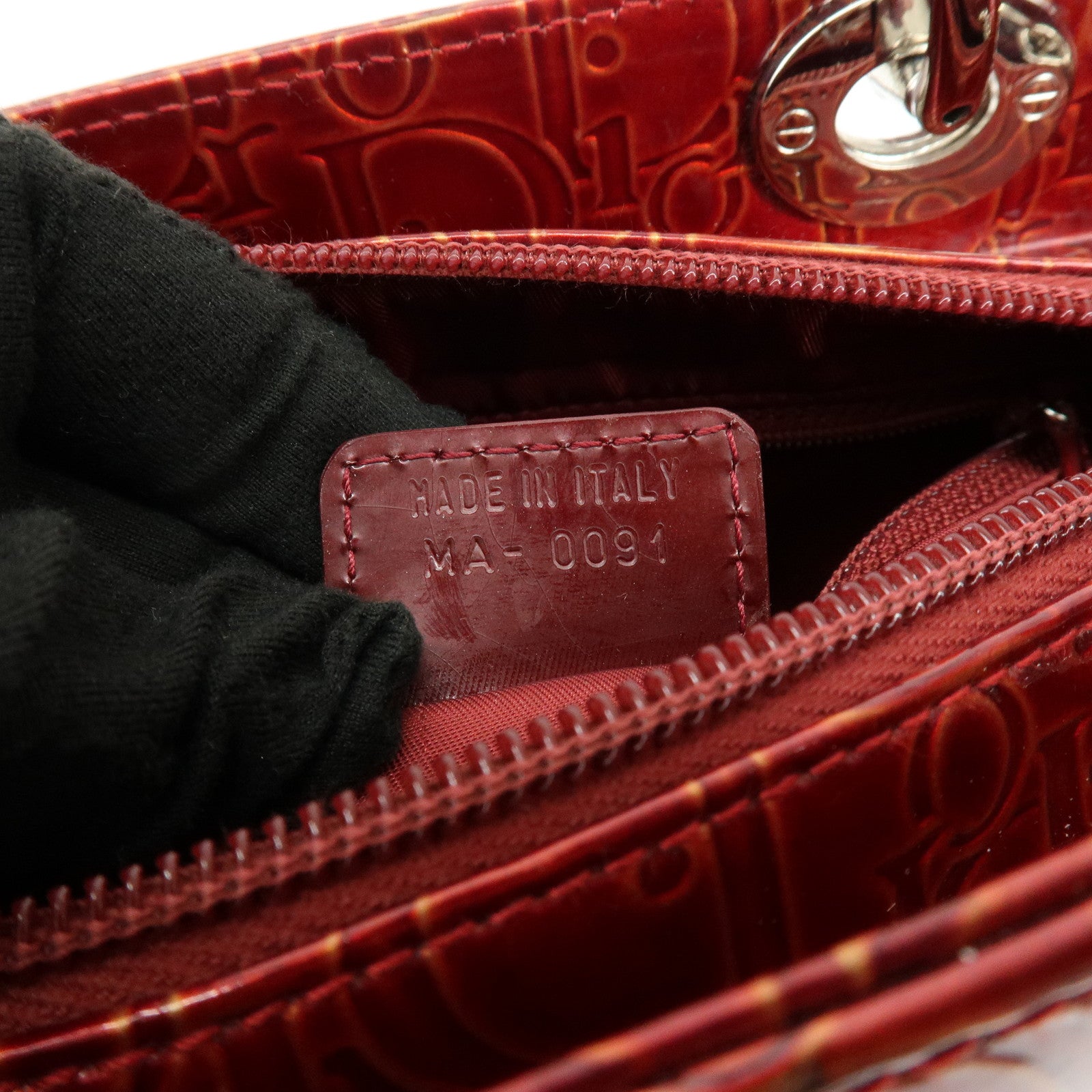 Christian Dior Lady Dior Patent Leather Hand Bag Dior Logo Red