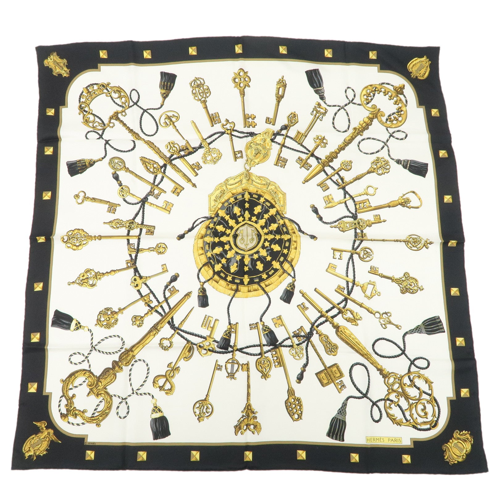 HERMES Carre 90 Silk 100% Scarf LES CLES THE KEYS RARE White Used