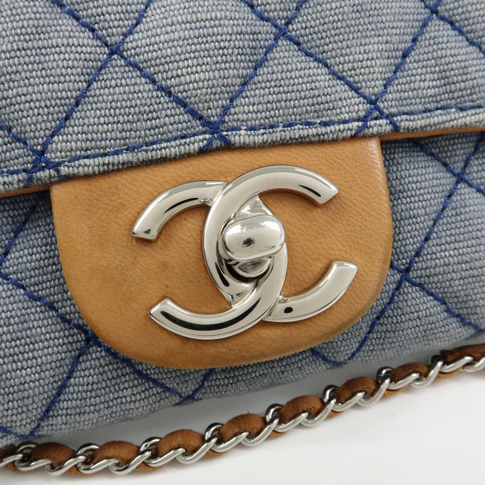 CHANEL Matelasse Denim Leather Chain Shoulder Bag Blue Light Brown