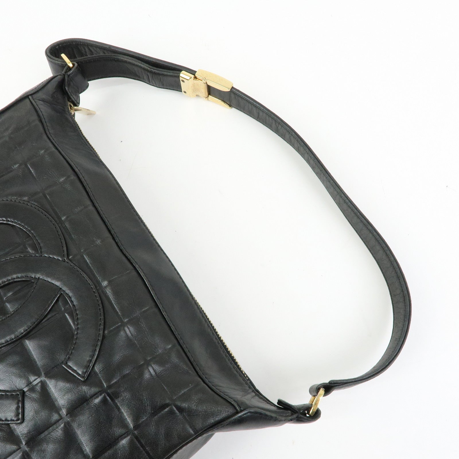 CHANEL Chocolate Bar COCO Mark Lamb Skin Hand Shoulder Bag Black