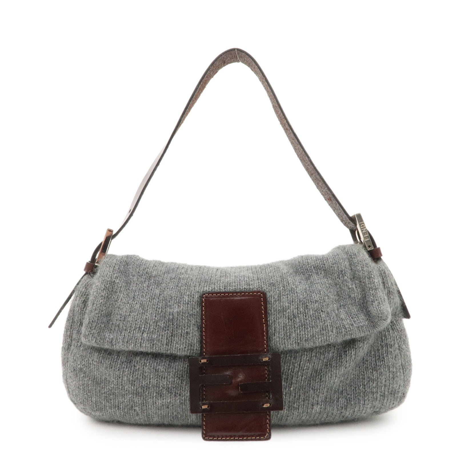 FENDI Mamma Baguette Wool Leather Shoulder Bag Brown Gray 26424