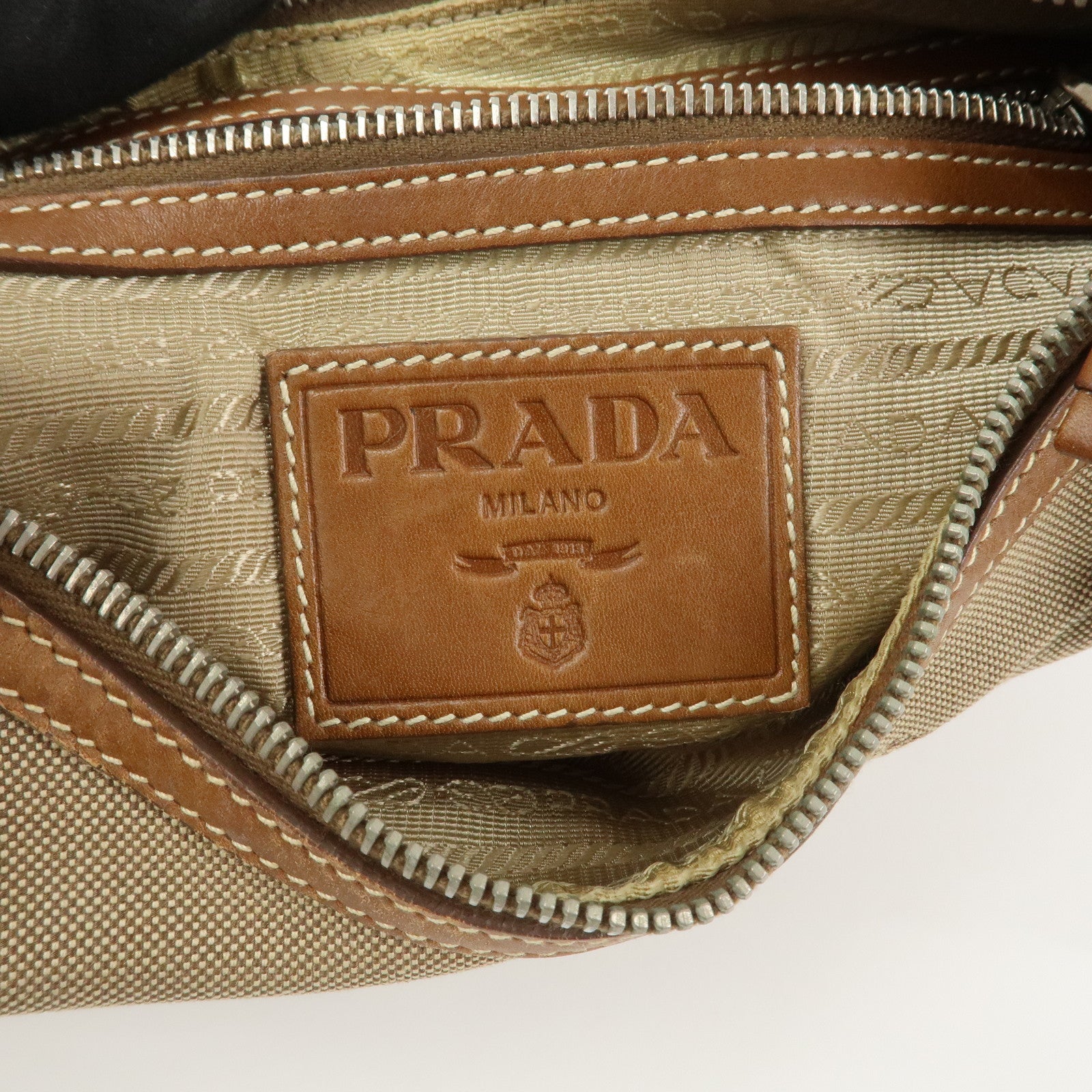 PRADA Logo Jacquard Leather Shoulder Bag Beige Brown BR3429