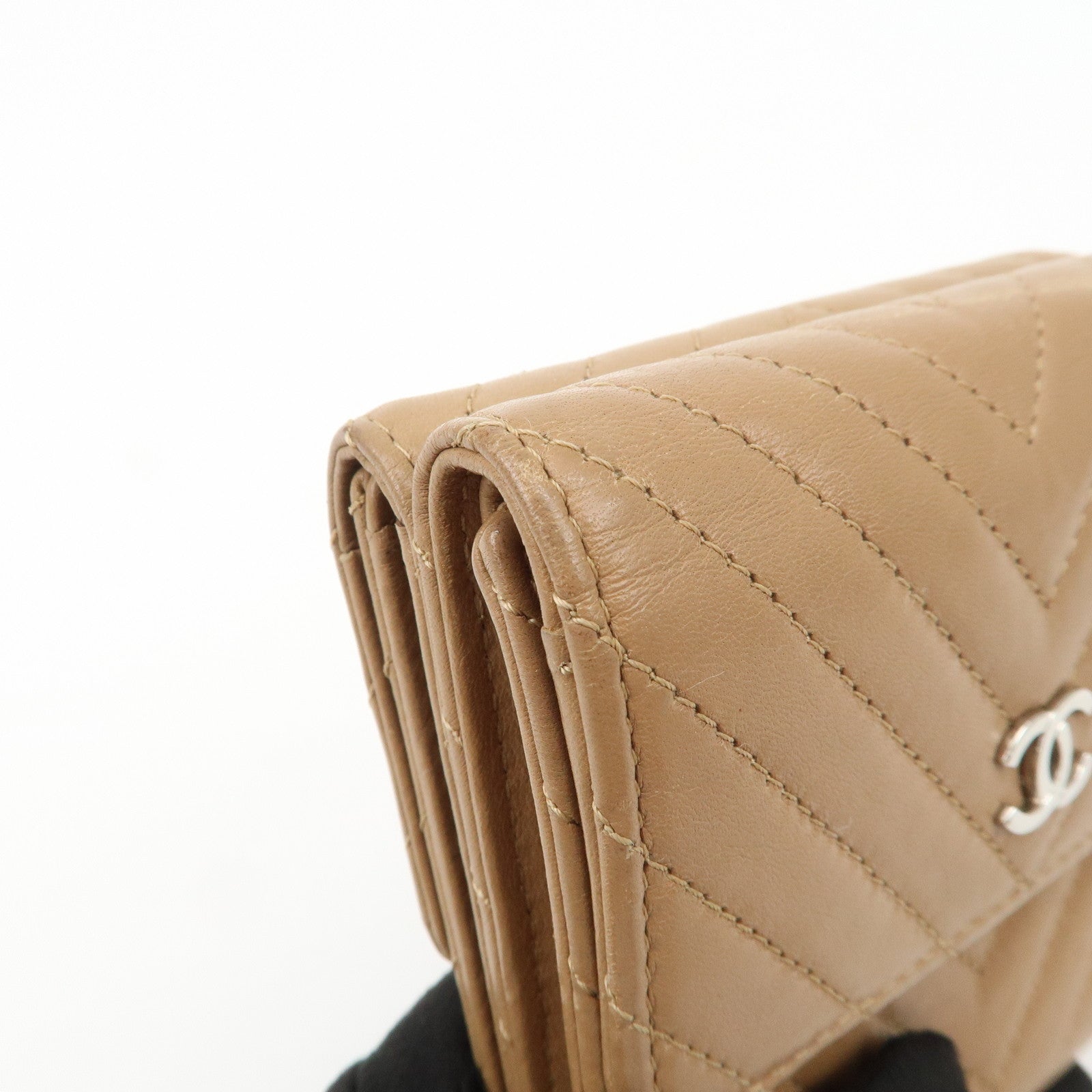 CHANEL Matelasse V Stitch Leather Tri-Fold Wallet Brown A34281