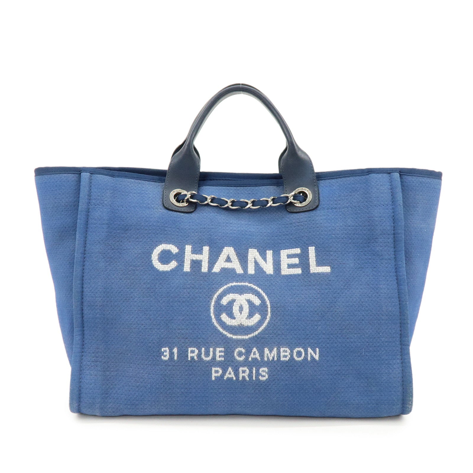 CHANEL Deauville GM Canvas Leather 2Way Tote Bag Blue A66941