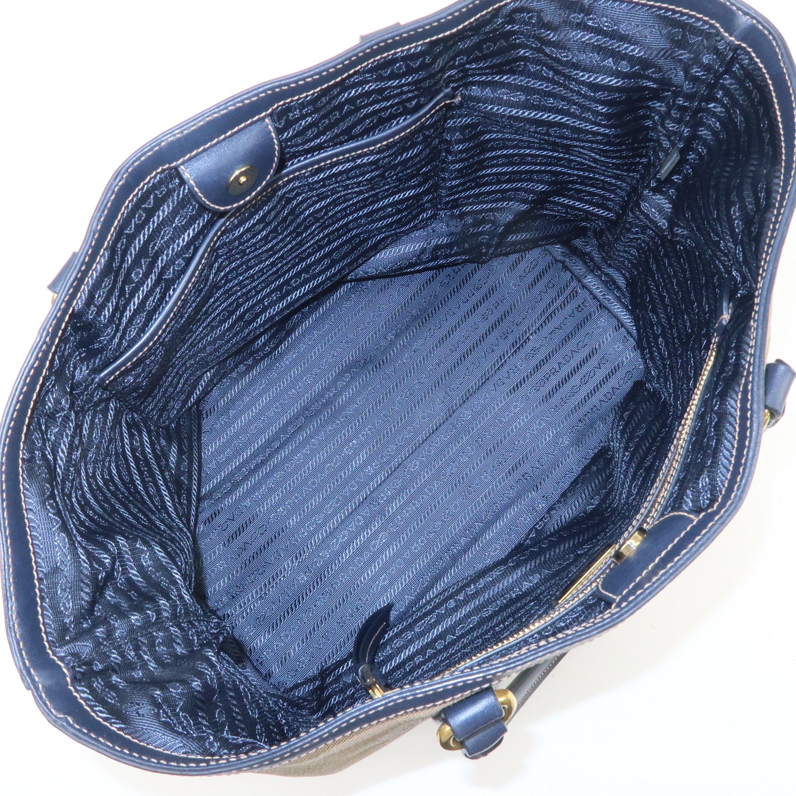 PRADA Logo Jacquard Leather Tote Bag Shoulder Bag Beige 1BG158