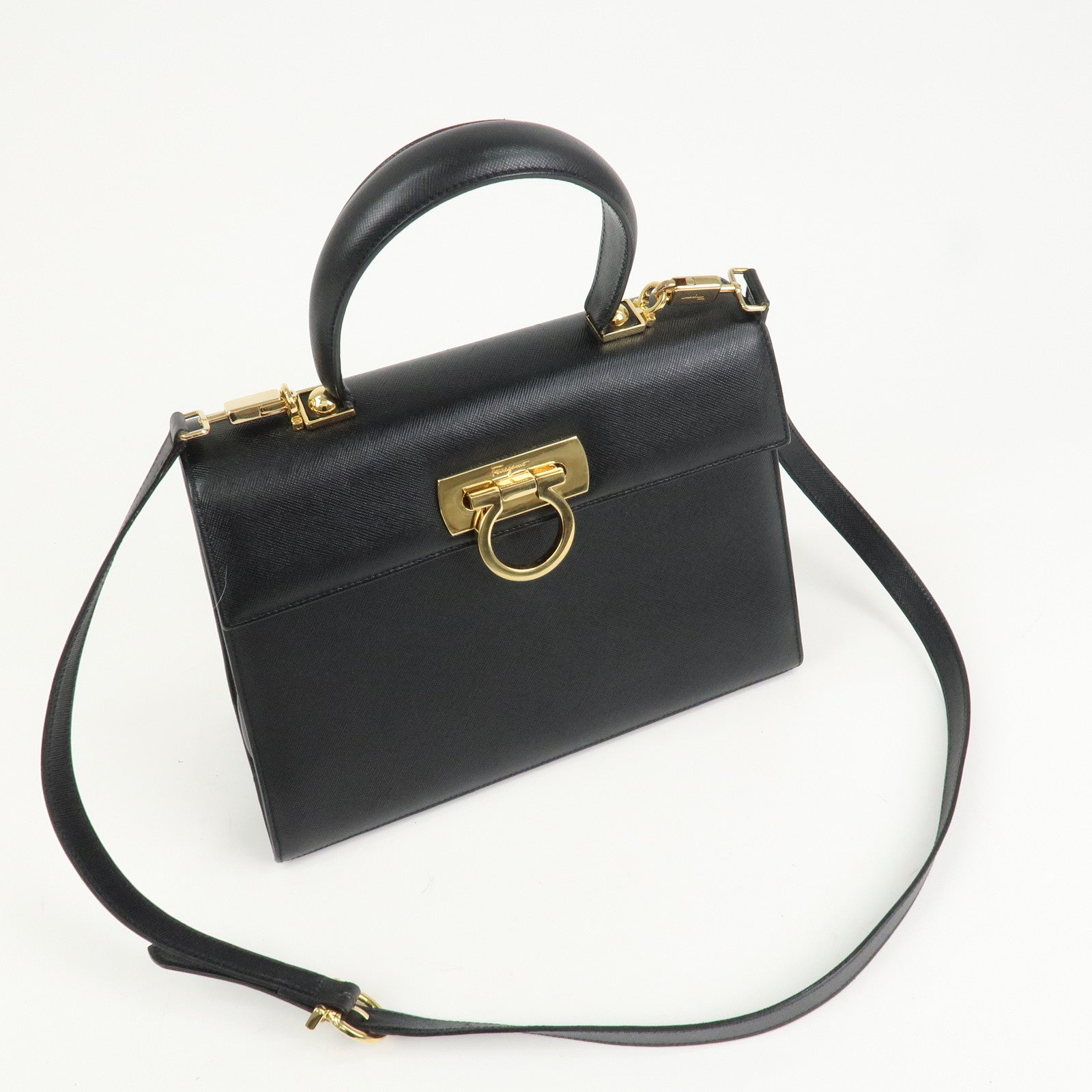 Ferragamo Gancini Leather 2Way Bag Shoulder Bag Hand Bag Black