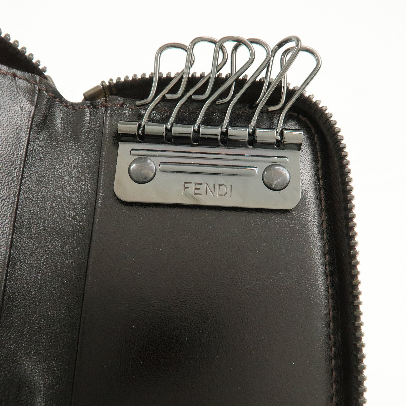 FENDI Zucca Canvas Leather 6 Ring Zippy Key Case Beige 8AP000