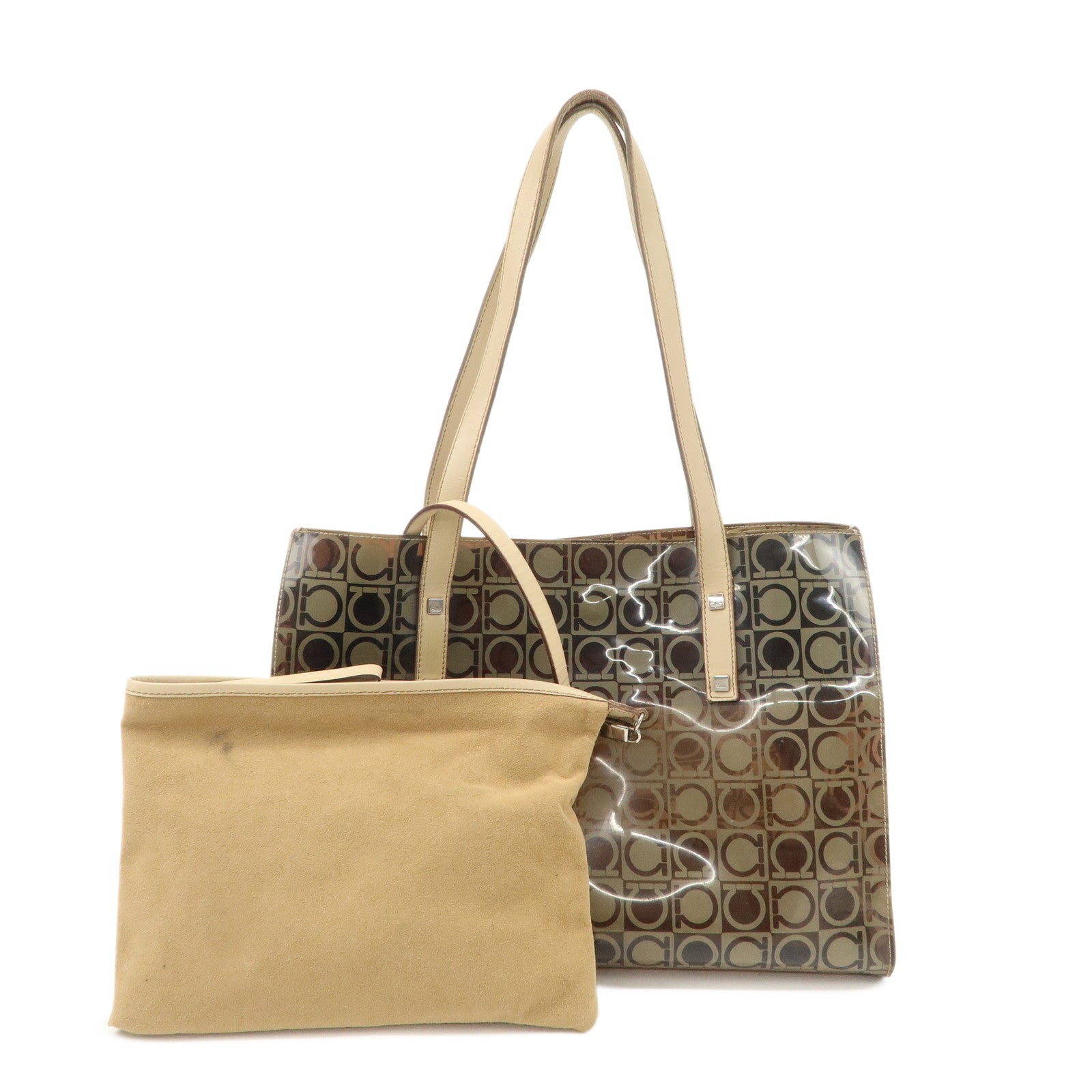 Ferragamo Gancini Vinyl Tote Bag Hand Bag Beige Khaki Silver HDW Used