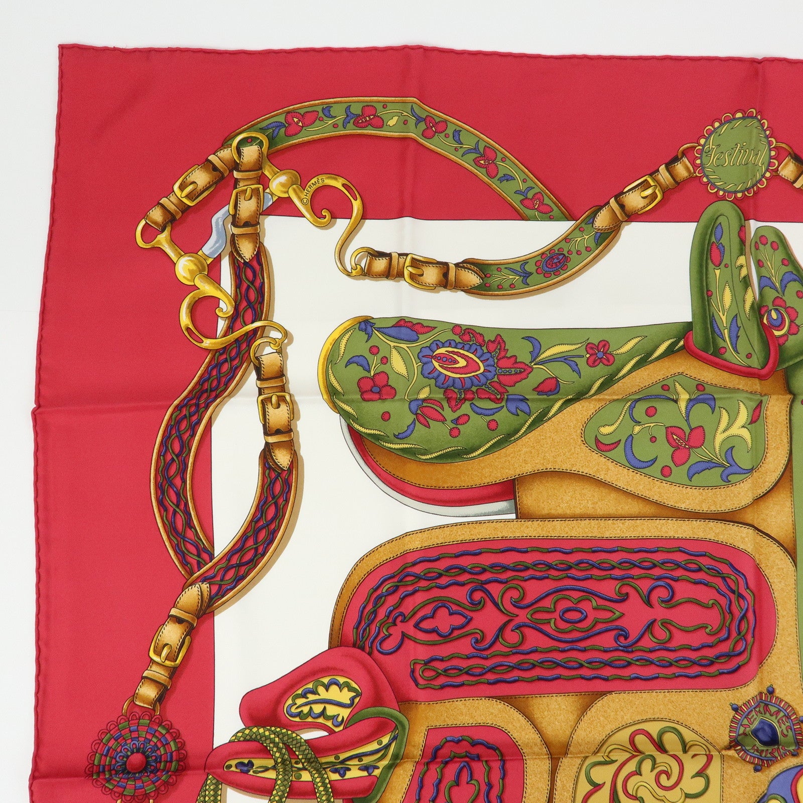 HERMES Carre 90 Silk 100% Scarf Festival Red White