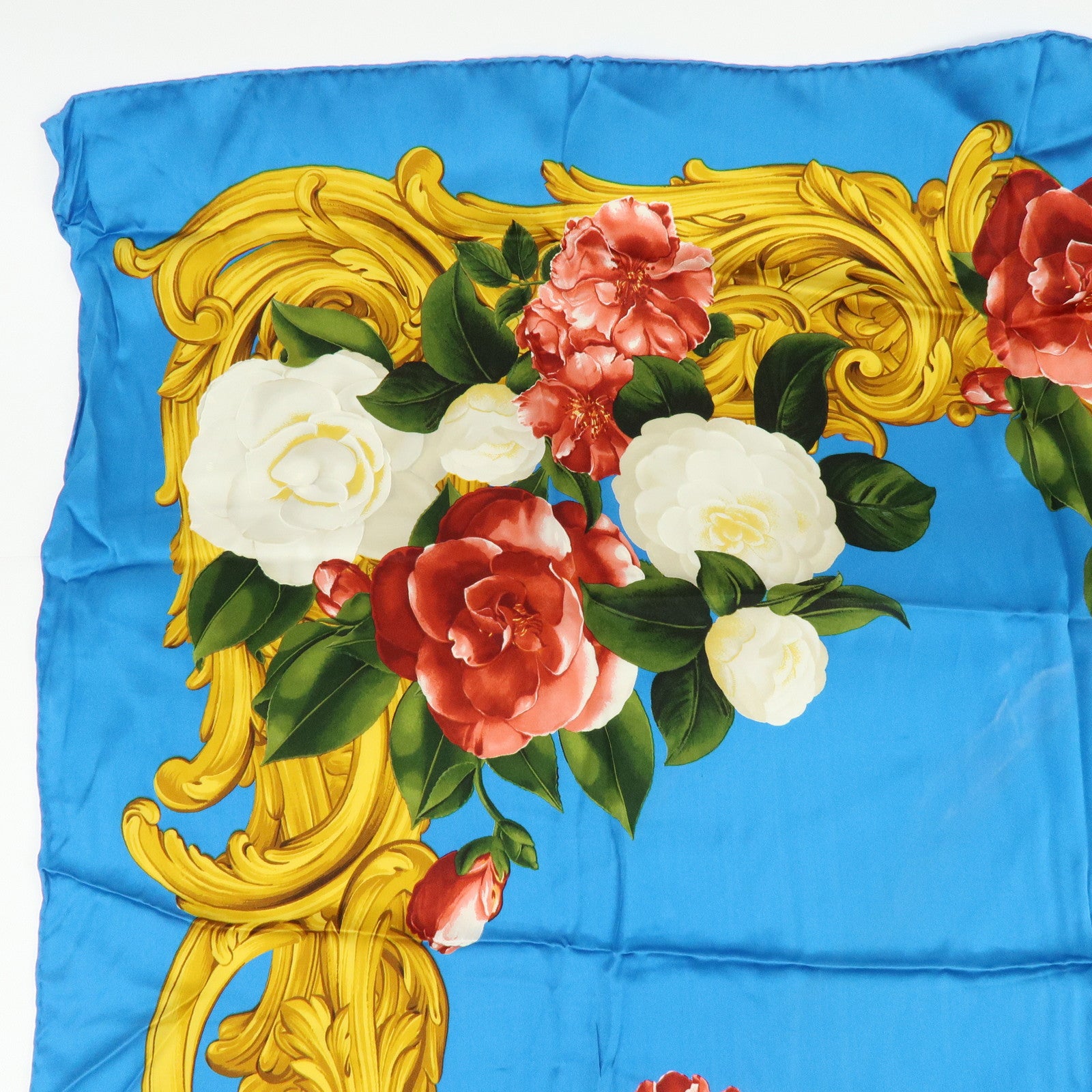 CHANEL Silk 100% Scarf Camellia Flower Motif Blue Gold Red