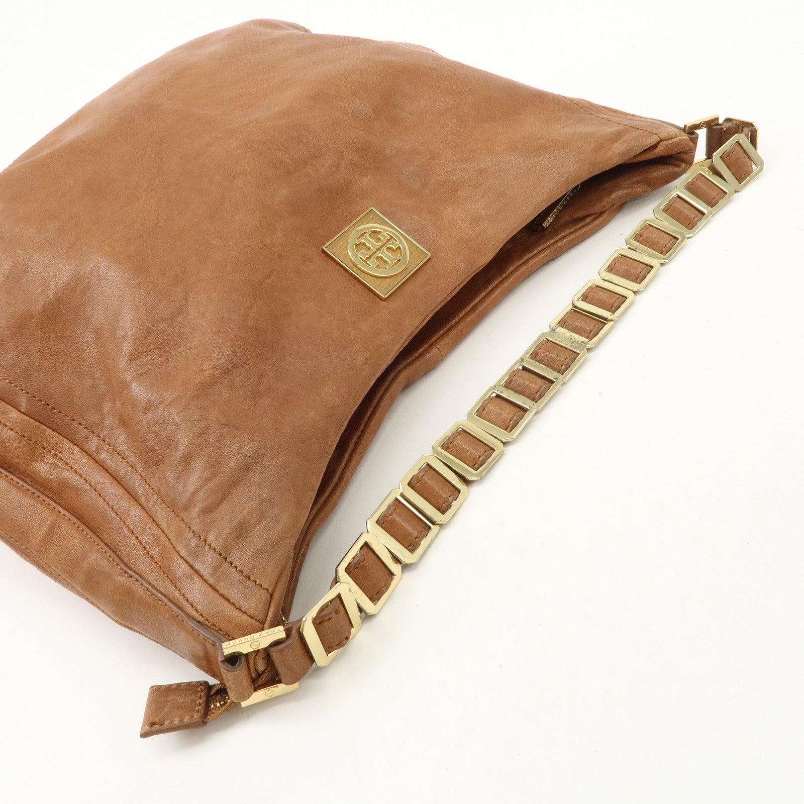 TORY BURCH Leather Shoulder Bag Brown Gold Hardware Used