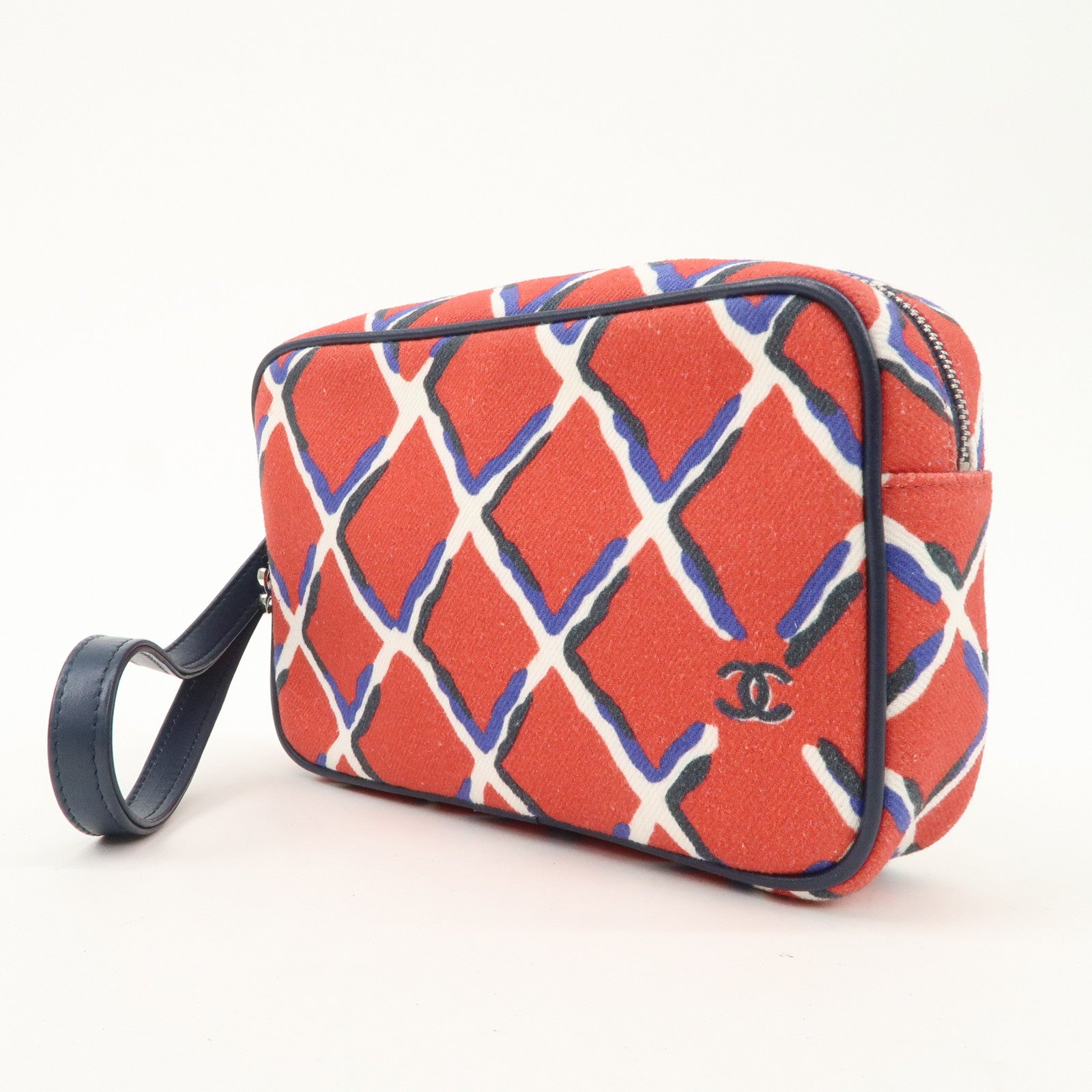 CHANEL COCO Mark COCO Beach Canvas Pouch Red Navy Silver HDW Used