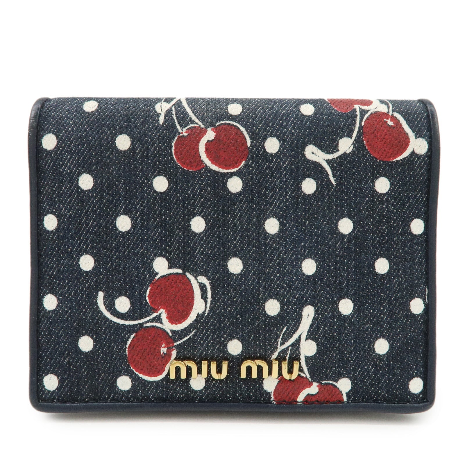 MIU MIU Cherry Denim Leather Bifold Compact Wallet Navy Red Used