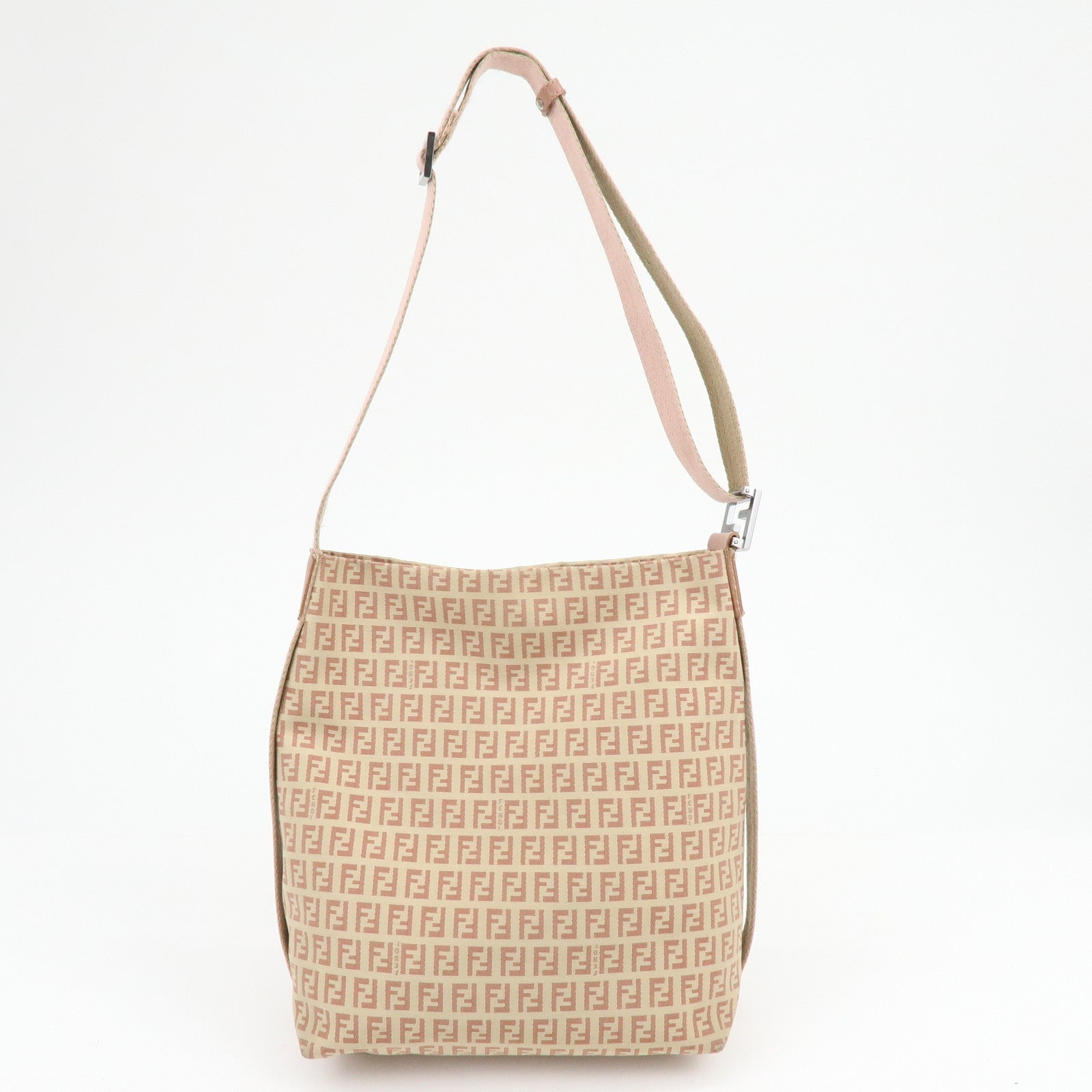 FENDI Zucchino Canvas Leather Shoulder Bag Beige Pink 8BR318