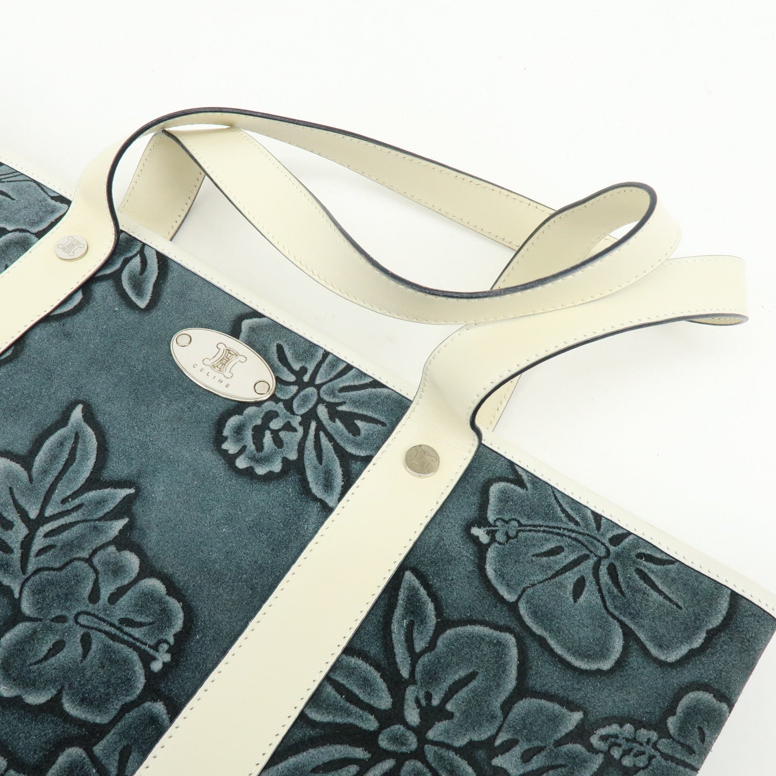 CELINE Hibiscus Motif Suede Leather Tote Bag Gray Ivory