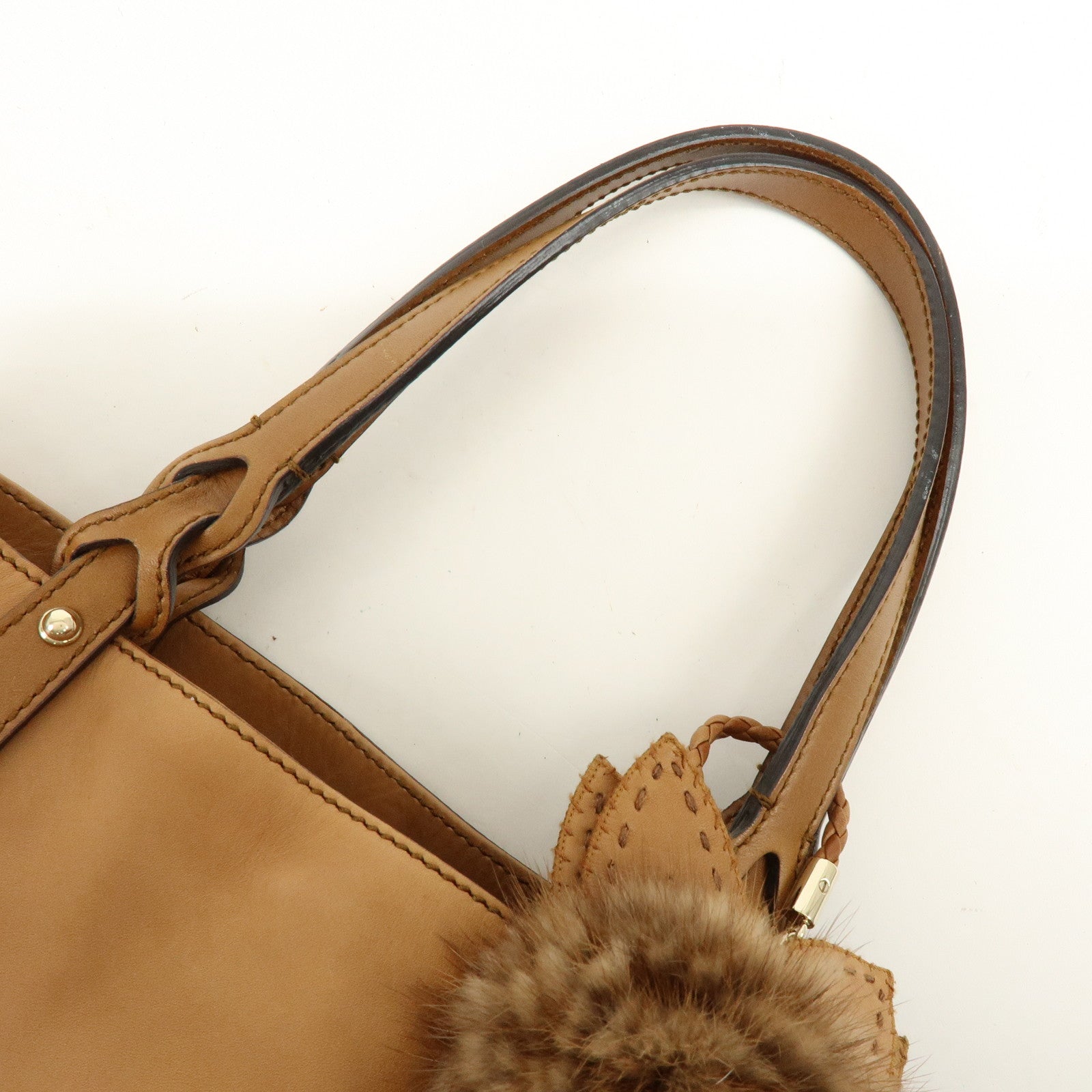 GUCCI Script Logo Leather Fur Tote Bag Fur Pouch Brown 269878