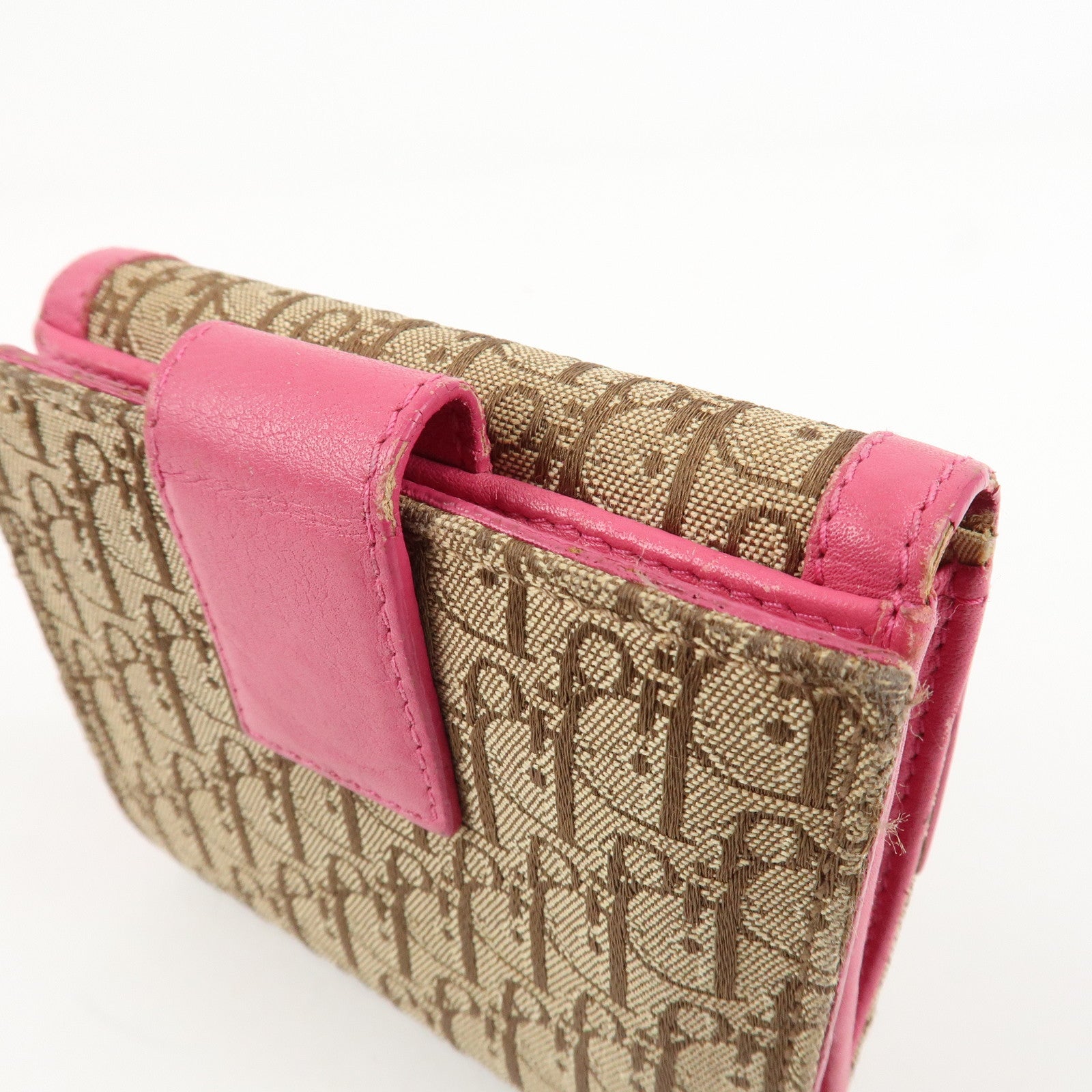 Christian Dior Street Chic Trotter Canvas Leather W Hook Wallet Pink Used