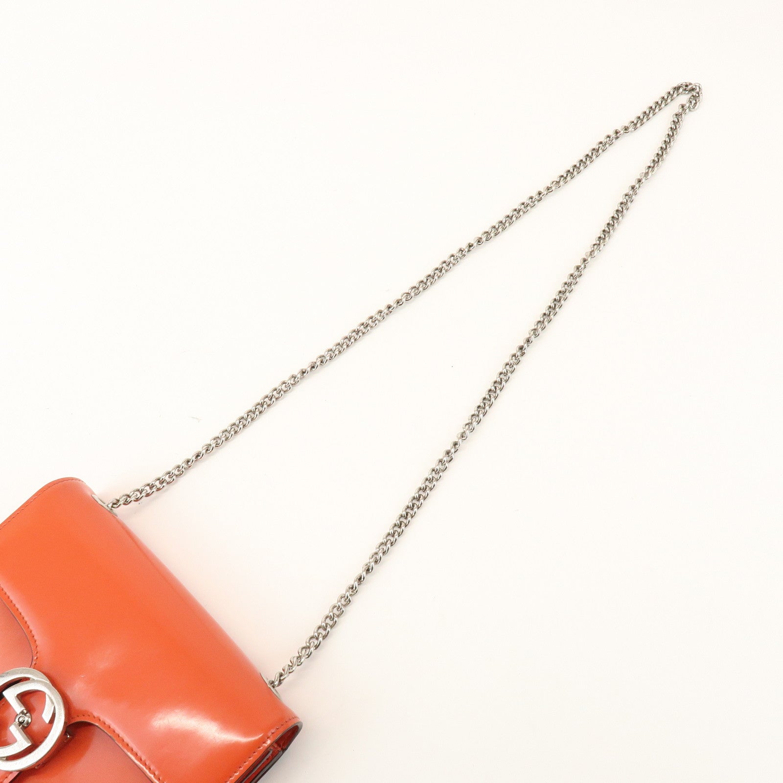 GUCCI Interlocking G Patent Leather Chain ShoulderBag Orange 387609