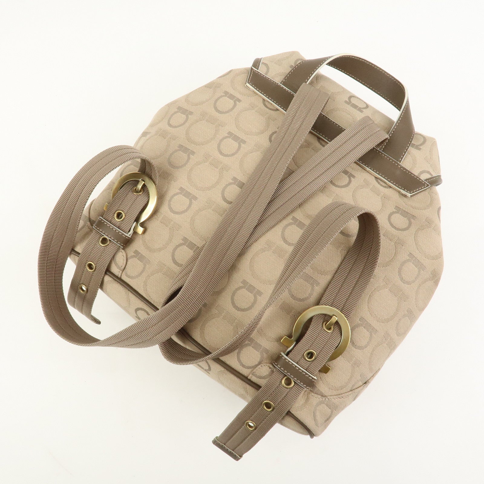 Ferragamo Gancini Canvas Leather Backpack Rucksuck Beige
