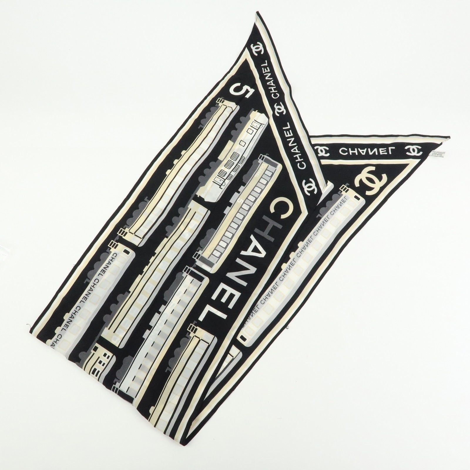 CHANEL COCO Mark Silk100% Train Scarf Shawl Black