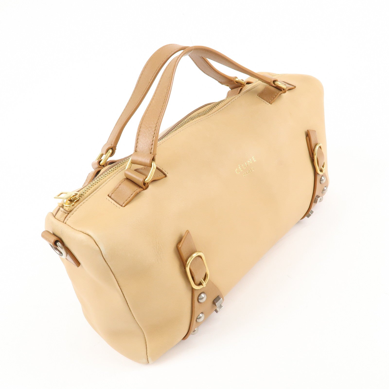 CELINE Leather 2Way Boston Bag Shoulder Bag Beige Brown Used