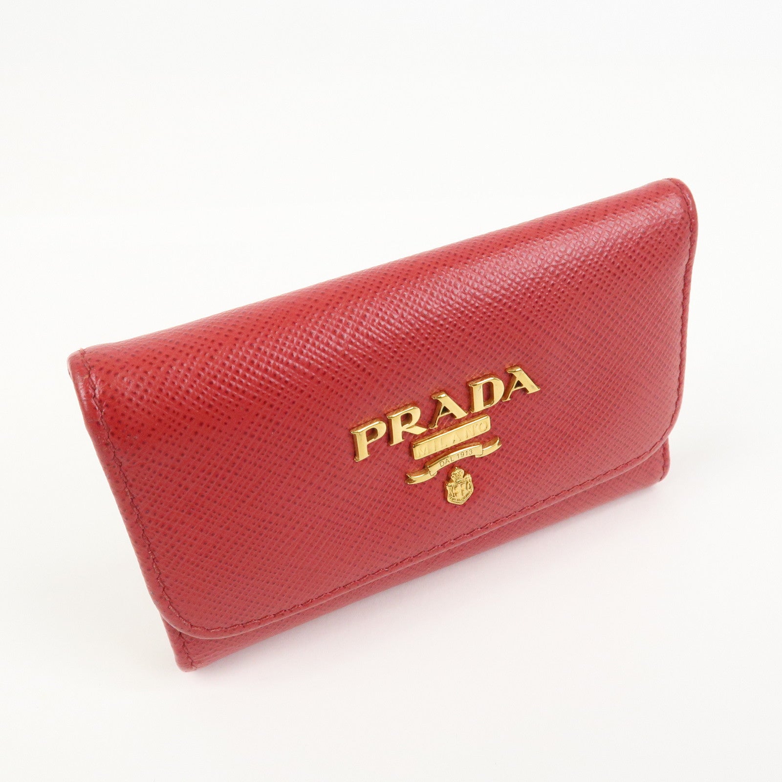 PRADA Logo Saffiano Leather Key Case Key Holder Red 11BG222
