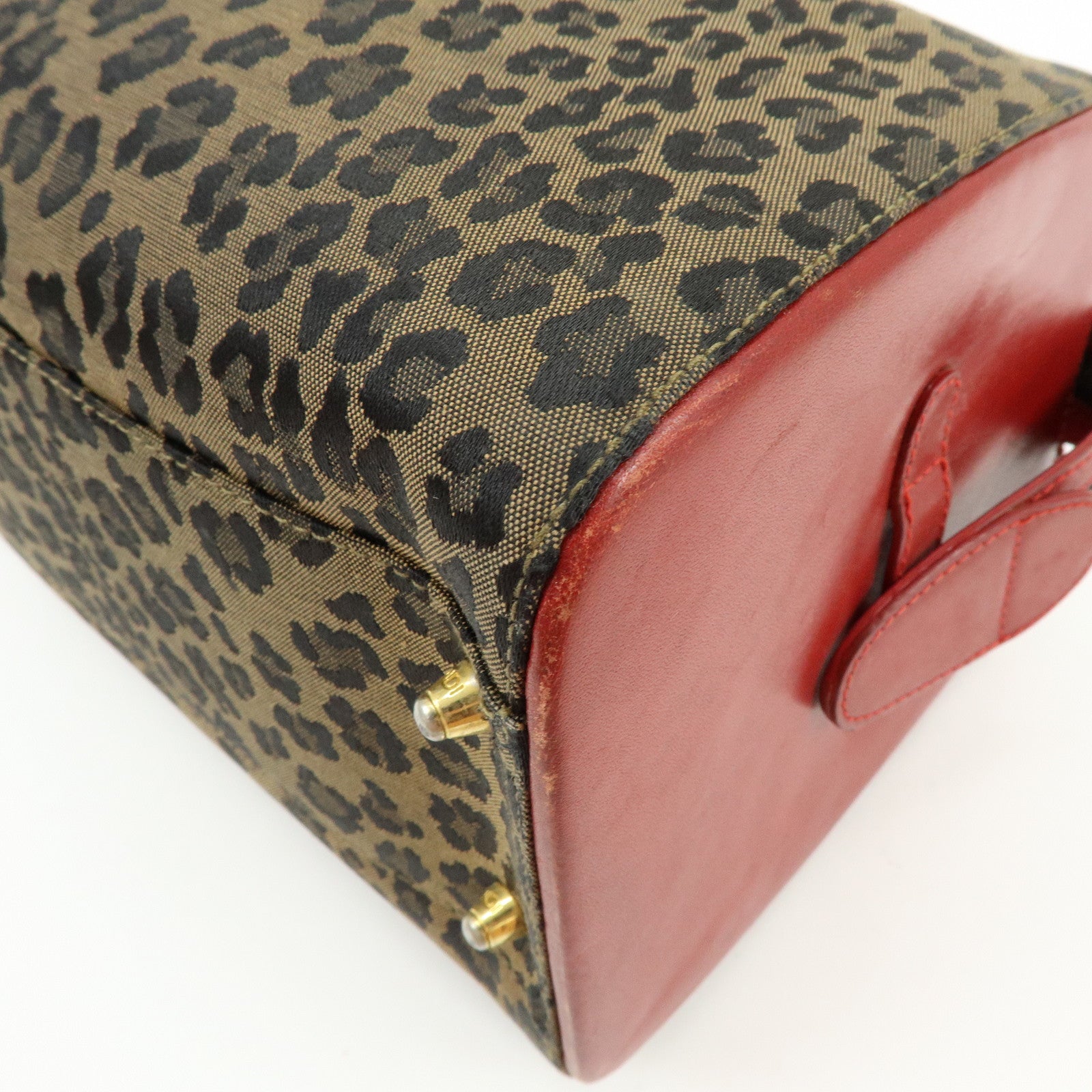 FENDI Canvas Leather Hand Bag Boston Bag Leopard Brown Red