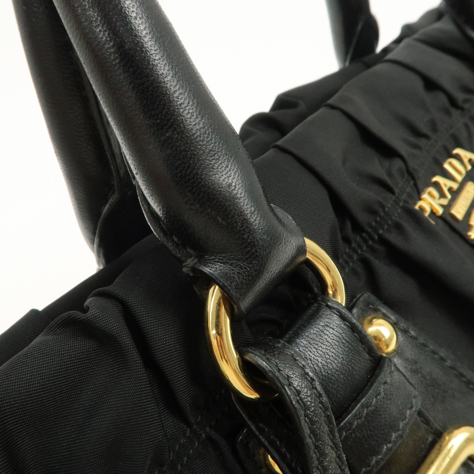 PRADA Nylon Leather Gathered 2Way Hand Shoulder Bag Black BN1407