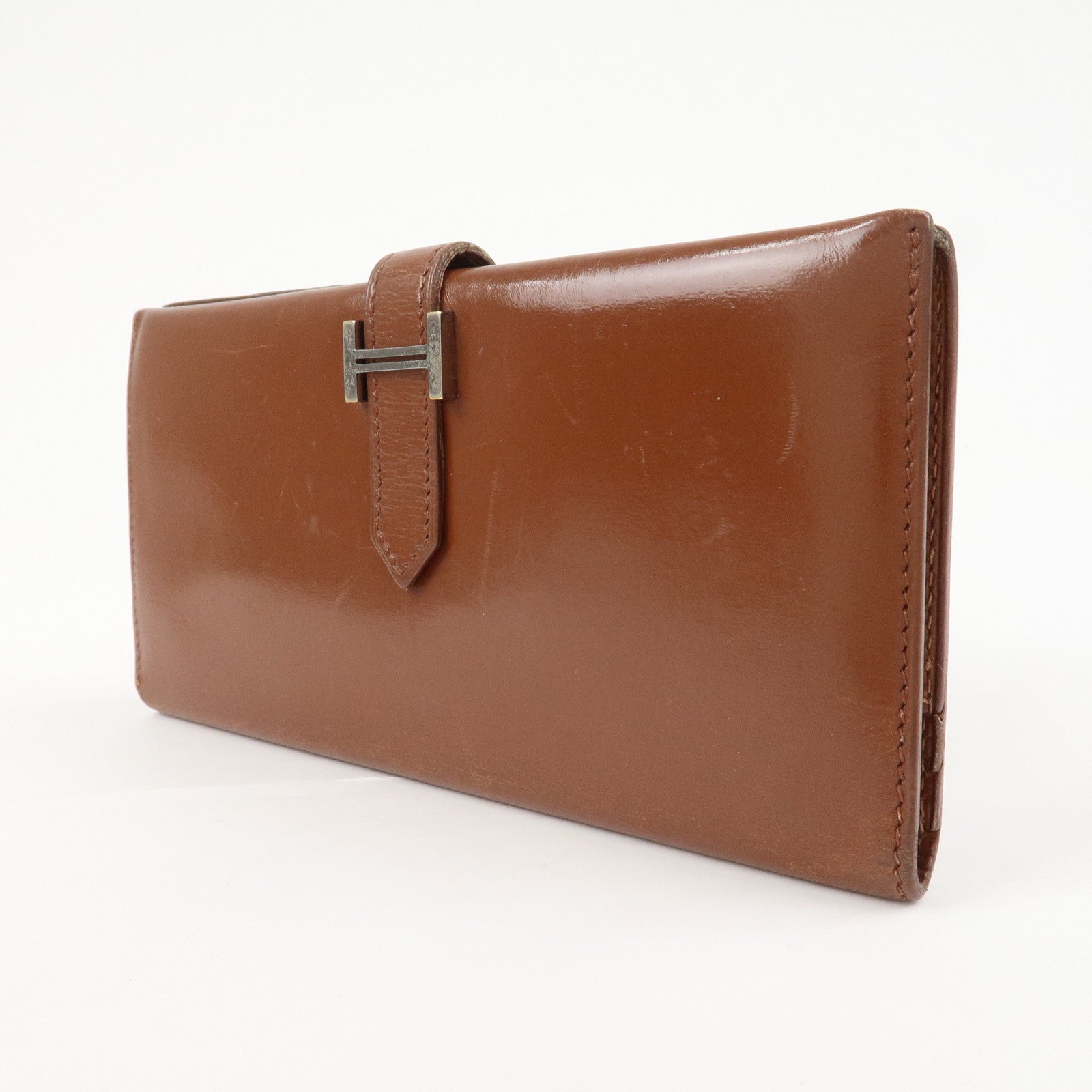 HERMES Bearn Leather Bi-fold Long Wallet F Stamped Brown