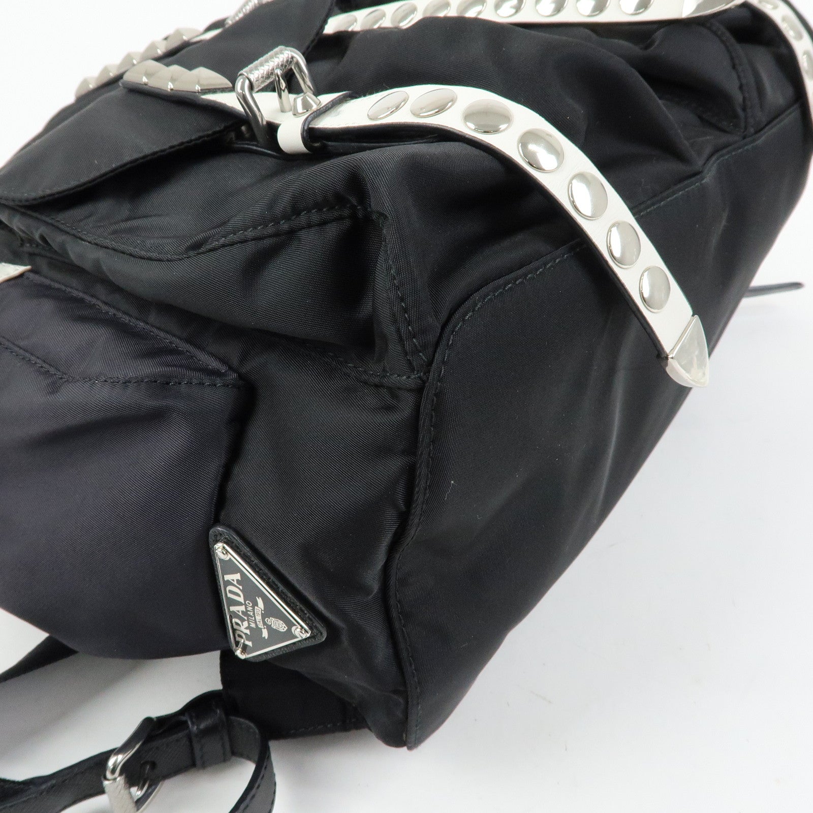 PRADA Triangle Logo Nylon Studs Backpack Rucksack Black 1BZ811