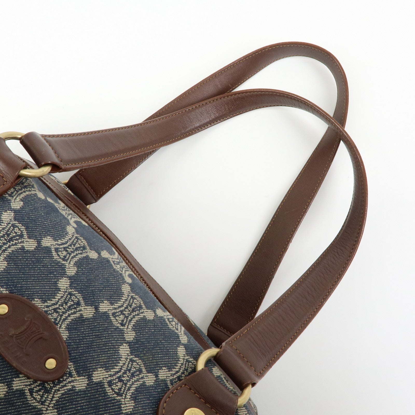 CELINE Macadam Denim Leather Shoulder Bag Hand Bag Blue Brown
