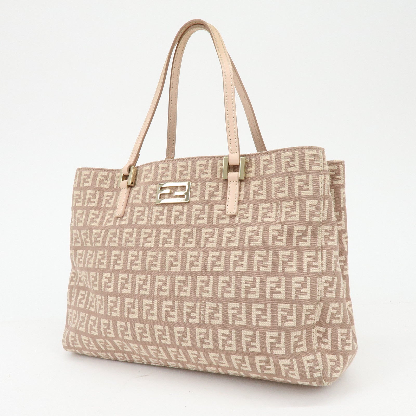 FENDI Zucchino Canvas Leather Hand Bag Tote Bag Pink Beige 8BH132