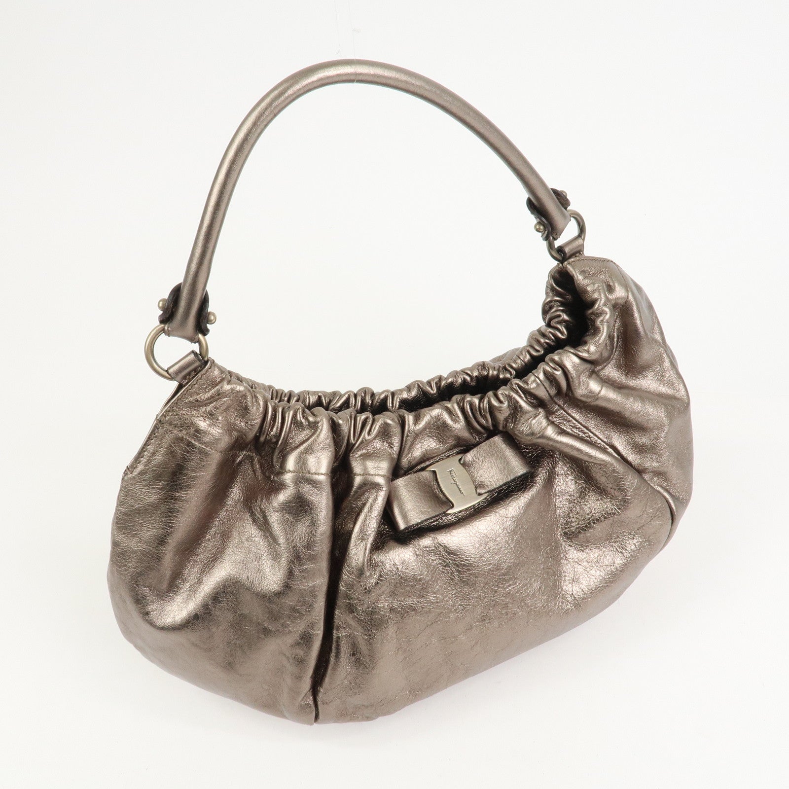 Ferragamo Vara Ribbon Logo Leather Shoulder Bag Hand Bag Silver