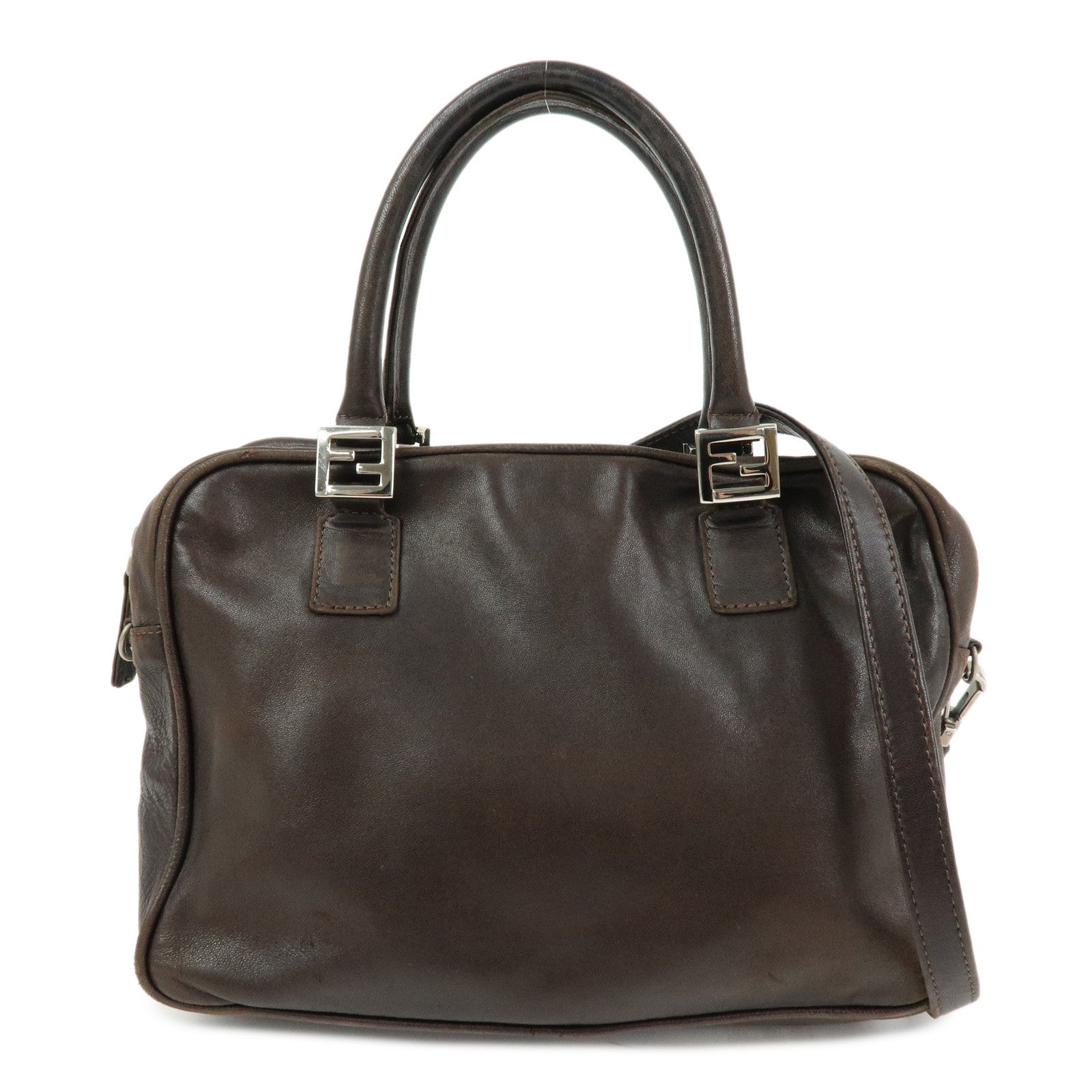 FENDI Leather 2Way Bag Hand Bag Shoulder Bag Brown