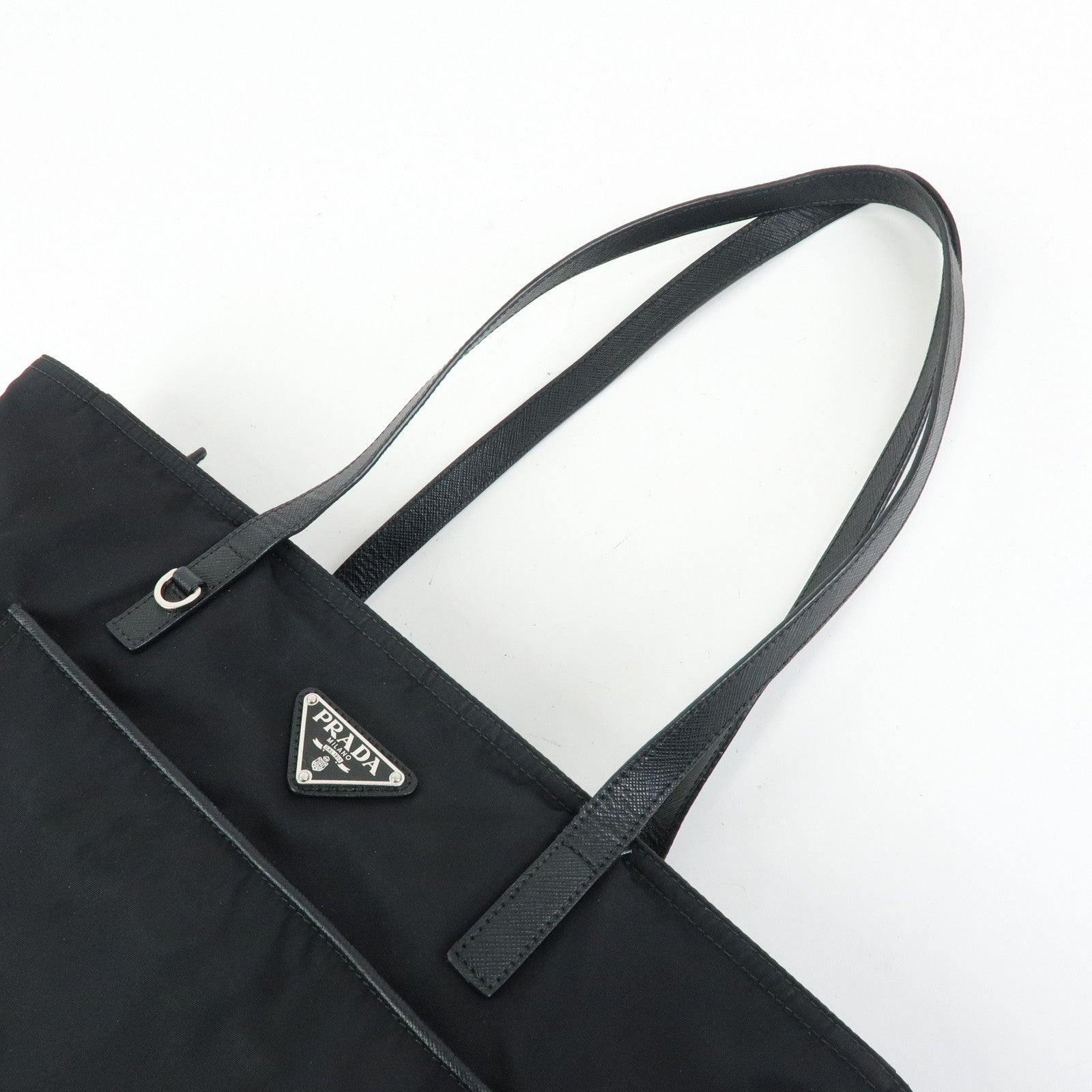 PRADA Triangle Logo Nylon Leather Tote Bag Shoulder Bag Black