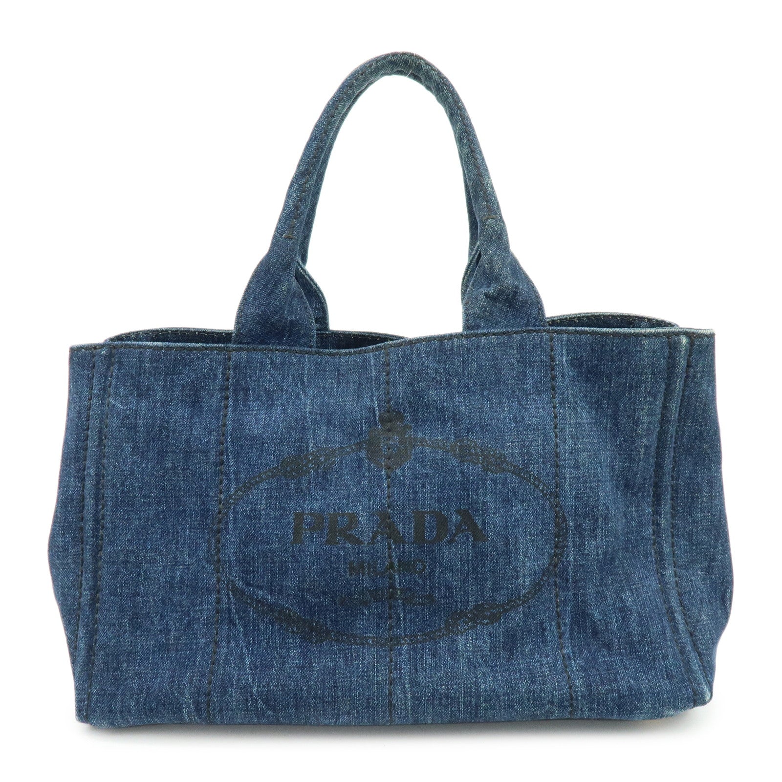 PRADA Triangle Logo Canapa Denim Tote Bag Hand Bag Denim Blue Authentic Used F/S