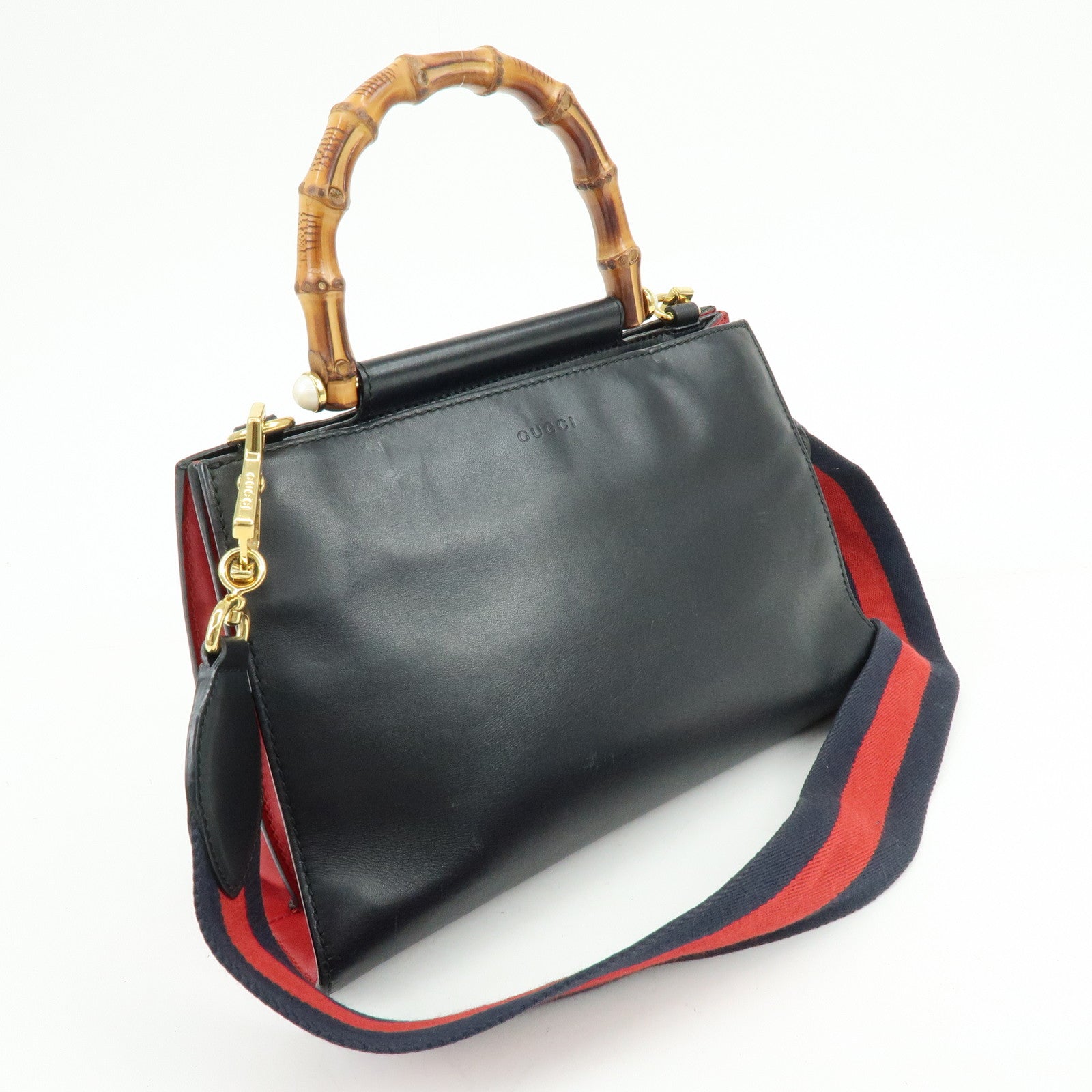GUCCI Sherry Nymphaea Bamboo Leather 2Way Bag Black 459076