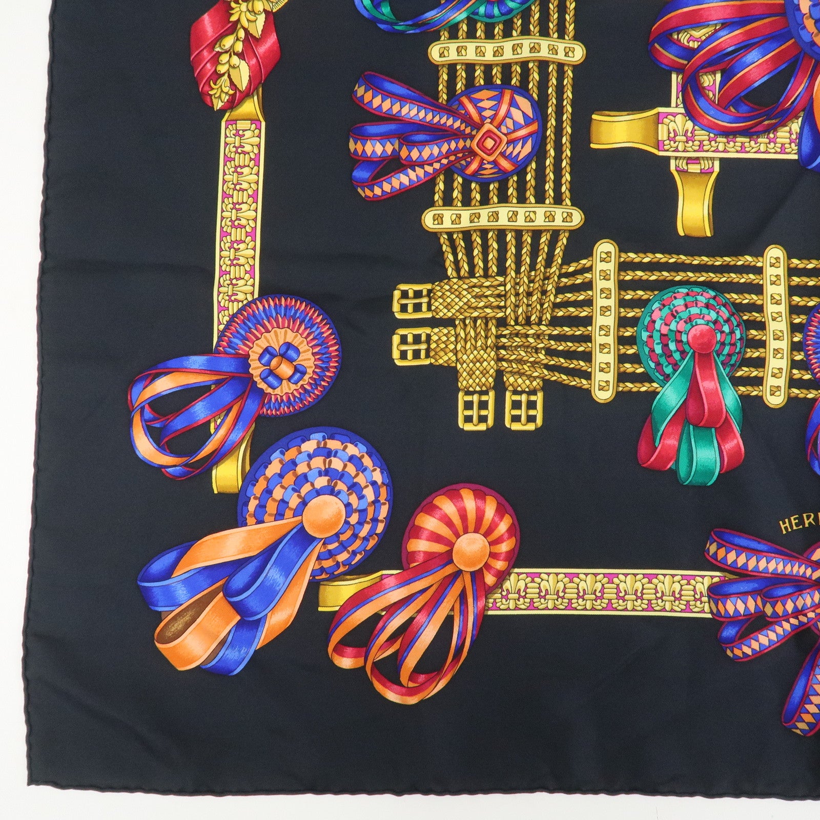 Hermes Carre 90 Silk 100% Scarf LES RUBANS DU CHEVAL Black