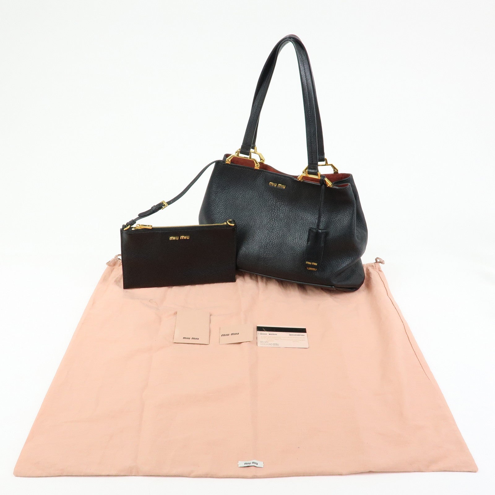 MIU MIU Madras Leather Tote Bag Hand Bag Shoulder Bag Black 5BG025