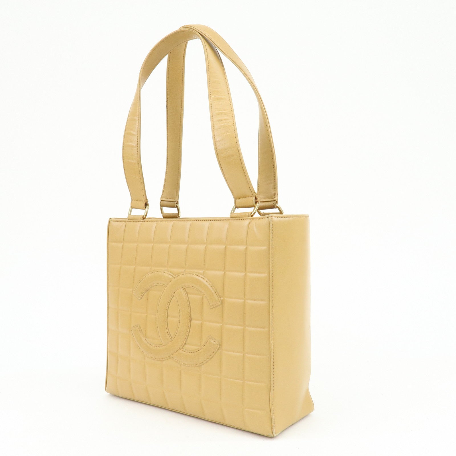 CHANEL Chocolate Bar Lamb Skin Tote Bag Hand Bag Beige A17809
