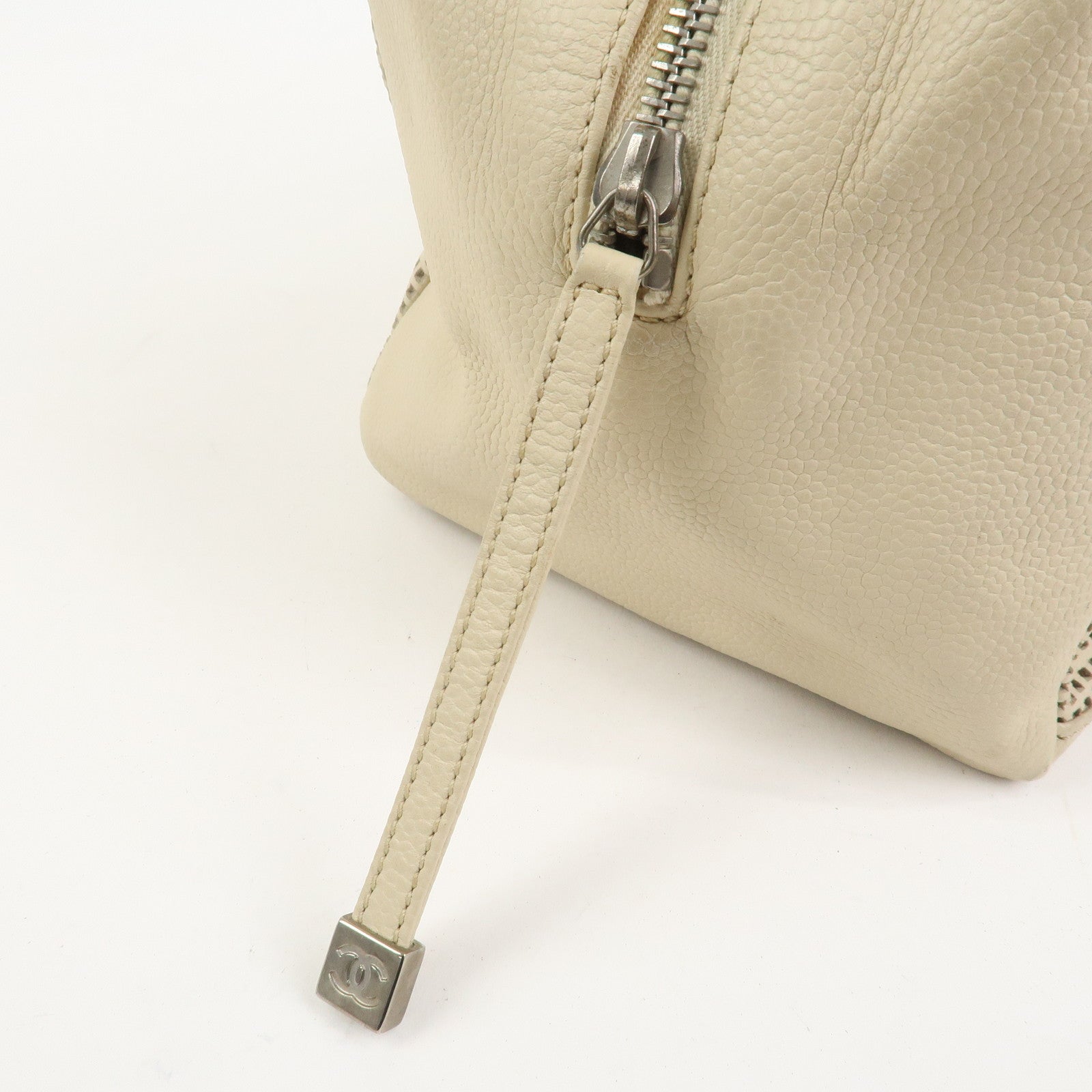 CHANEL Punching COCO Mark Caviarskin Hand Bag Beige