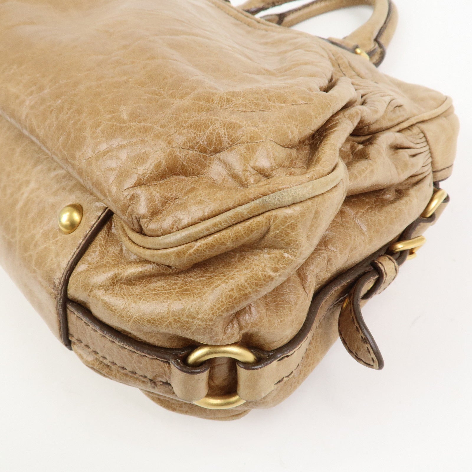 MIU MIU Logo Leather Hand Bag Boston Bag Light Brown