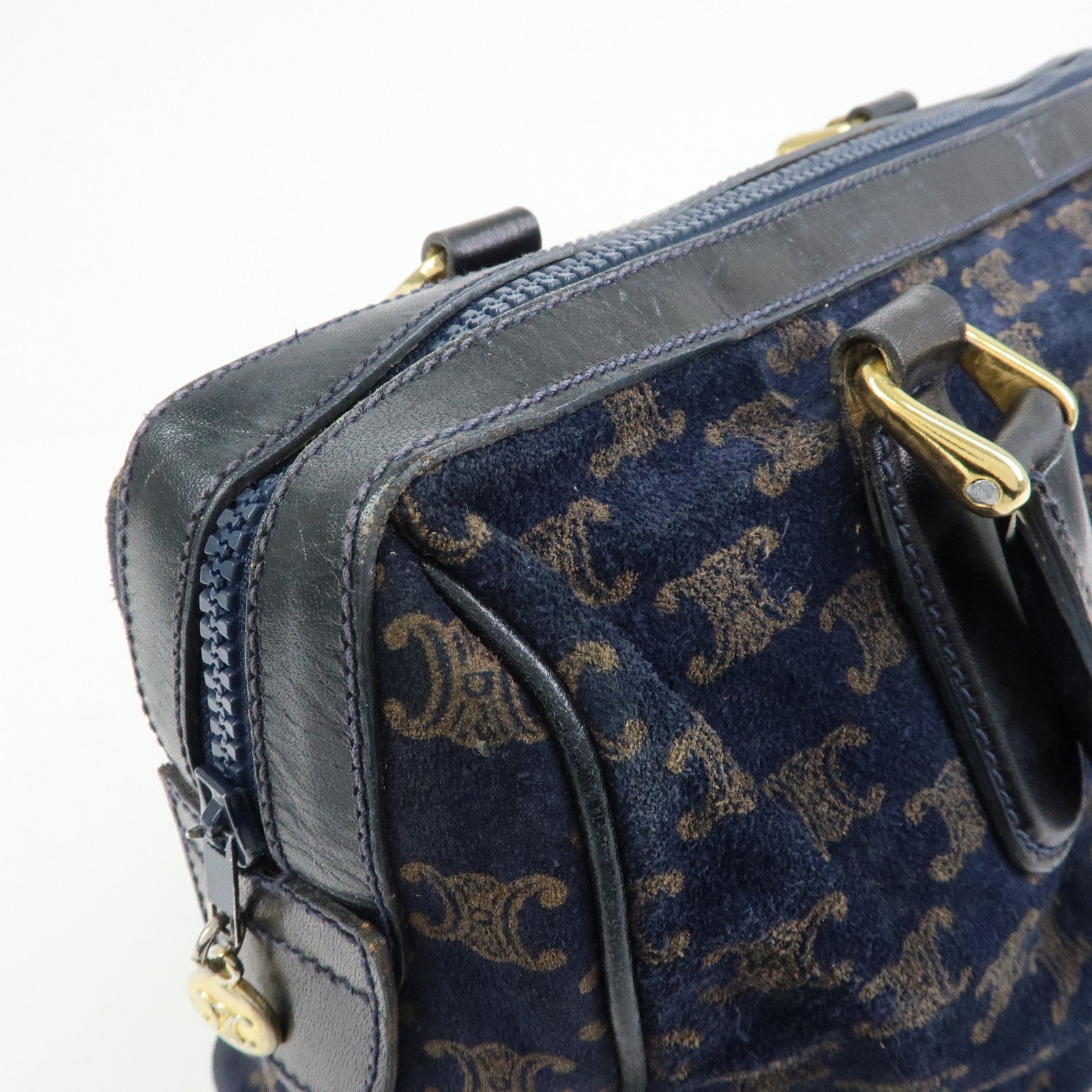 CELINE Macadam Leather Suede Hand Bag Boston Bag Navy