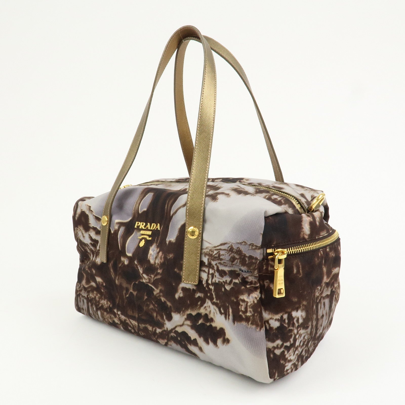 PRADA Logo Nylon Leather Boston Bag Shoulder Bag Gray Gold BL0567