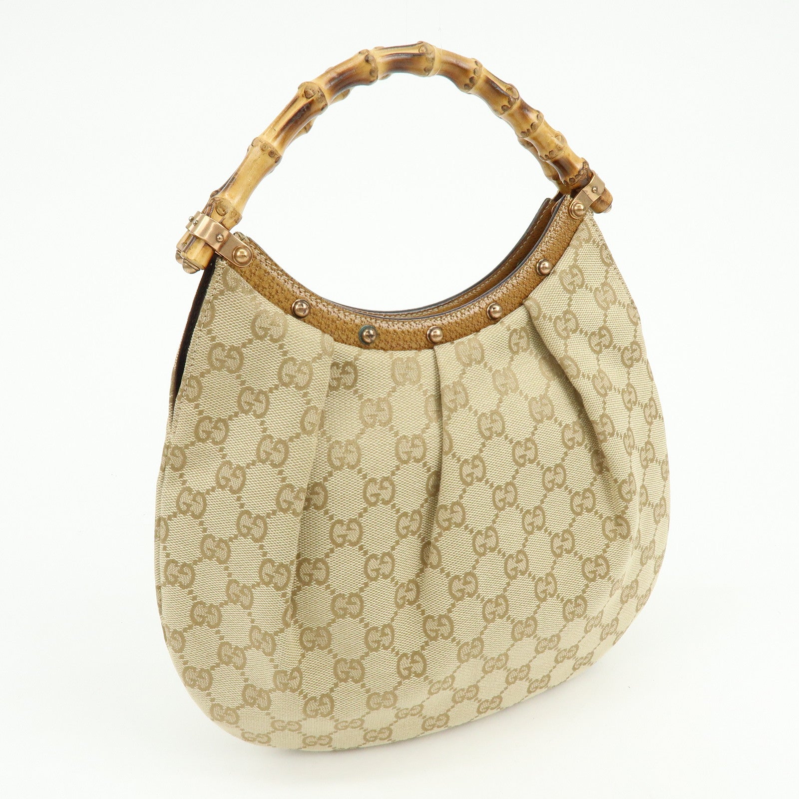 GUCCI GG Canvas Bamboo Leather Hand Bag Tote Bag Beige 124297